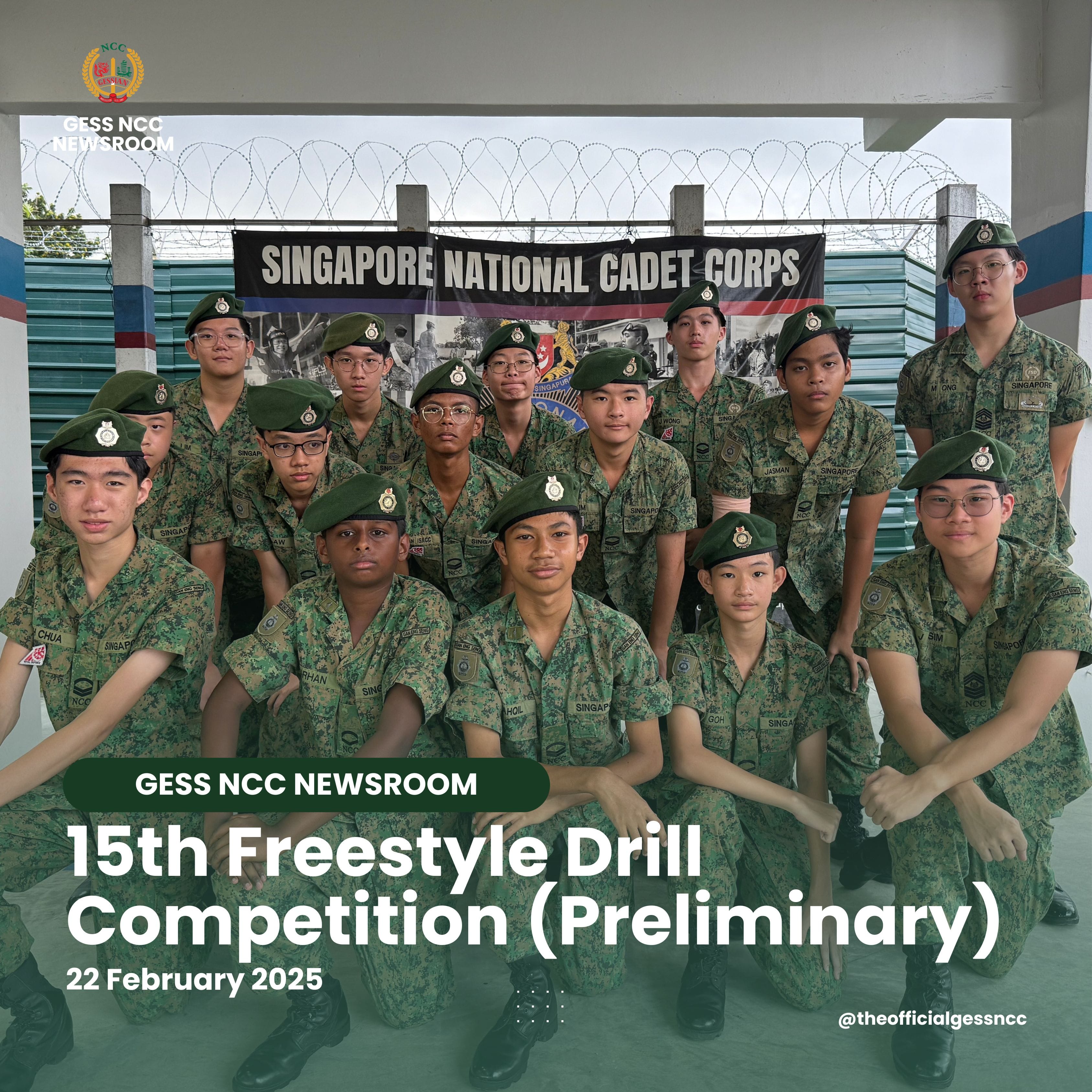 Group of young cadets in camouflage uniforms and green berets posing before a Singapore National Cadet Corps banner.