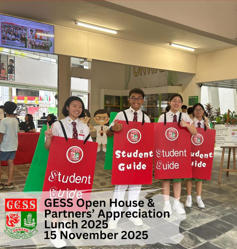 Four students in uniforms hold red GESS Student Guide signs at the GESS Open House event on 15 November 2025.