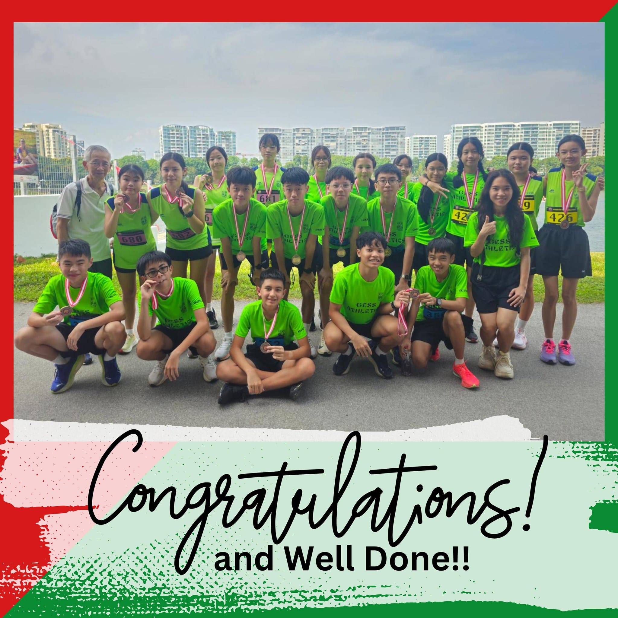 A group of young athletes in green GESS Athletics shirts pose with medals outdoors, with text reading Congratulations and Well Done.