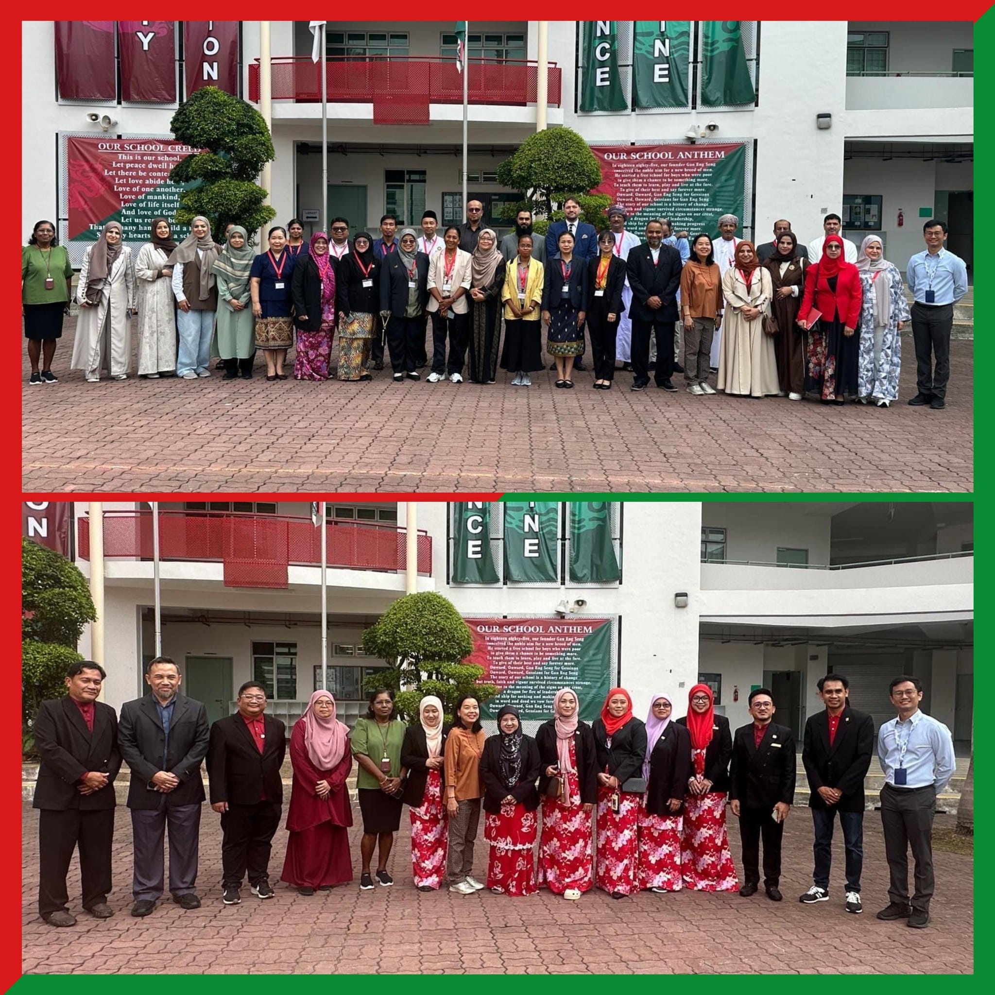 Two group photos of adults posing outdoors in front of a school building with banners displaying school creed and anthem.