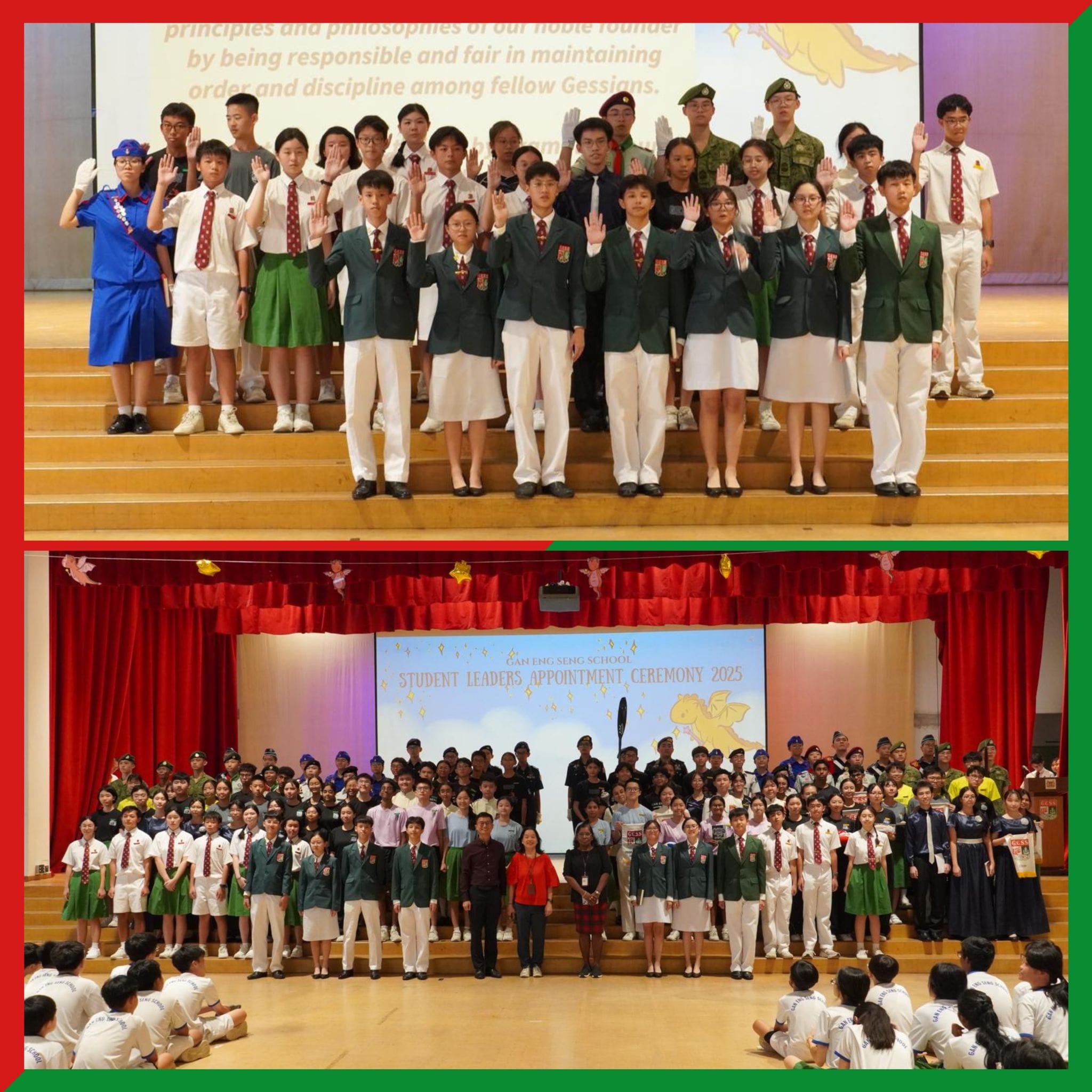 Students in uniforms raise hands during Gan Eng Seng School Student Leaders Appointment Ceremony 2025.