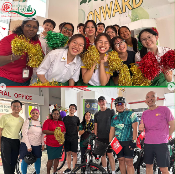 Two group photos: top shows students with gold and red pom-poms, bottom shows people with bicycles near an office.