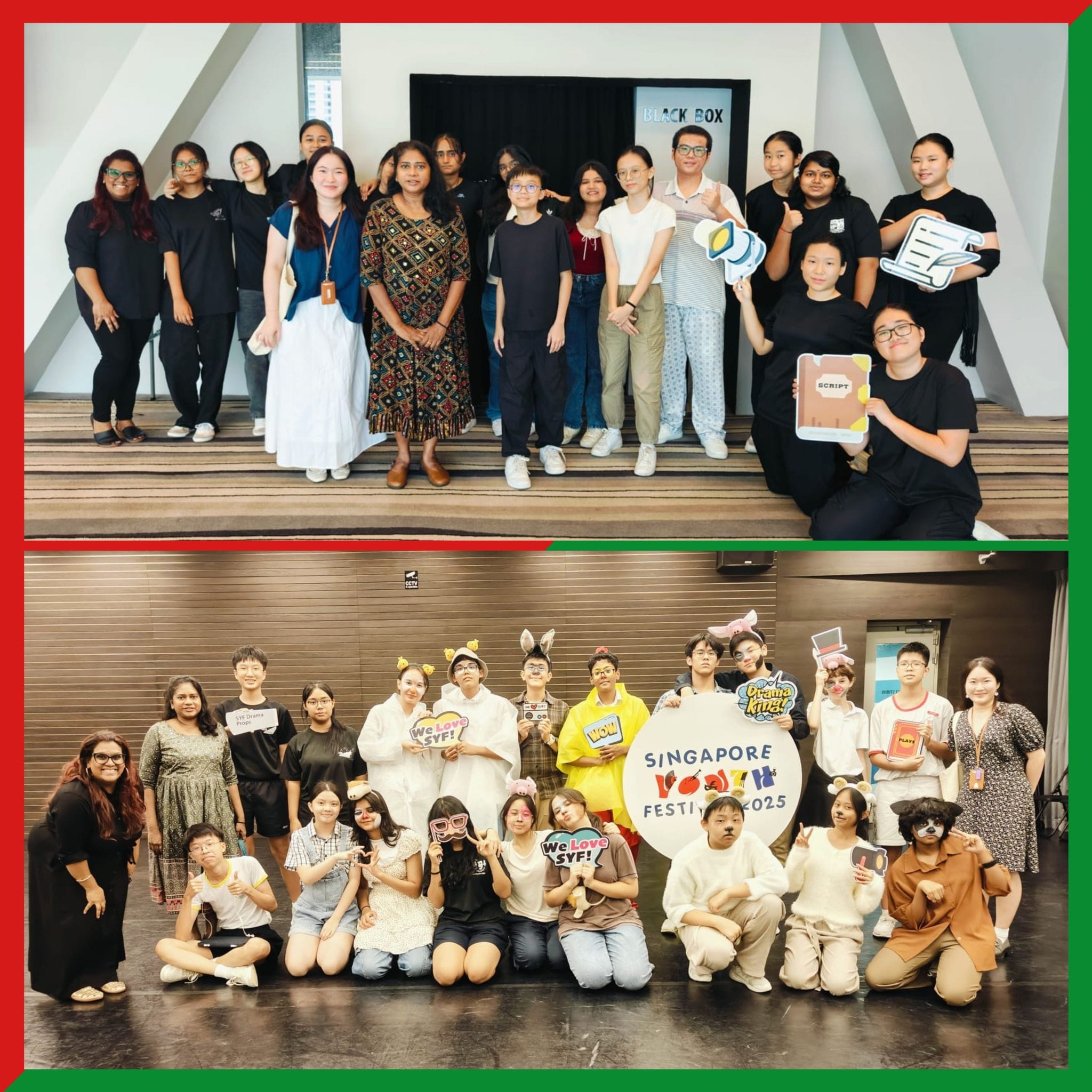 Two group photos of youth and adults at Singapore Youth Festival 2025 drama events, some in costumes holding props.