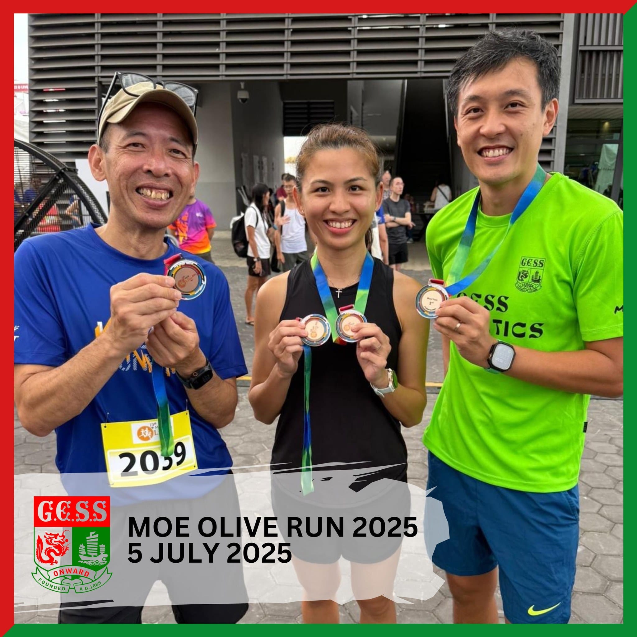 Three smiling runners display their medals at the MOE Olive Run 2025 on 5 July 2025.
