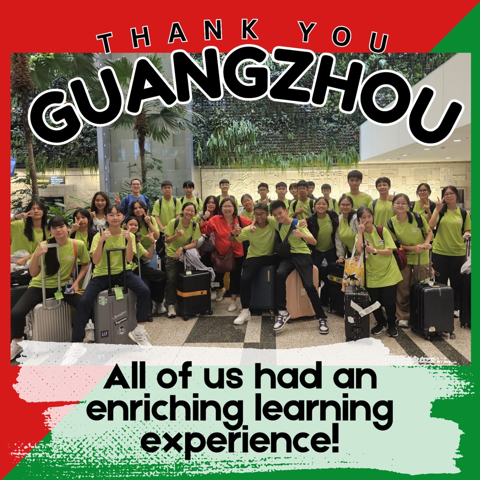 Large group of students in green shirts posing with luggage at an airport, with text "Thank You Guangzhou."