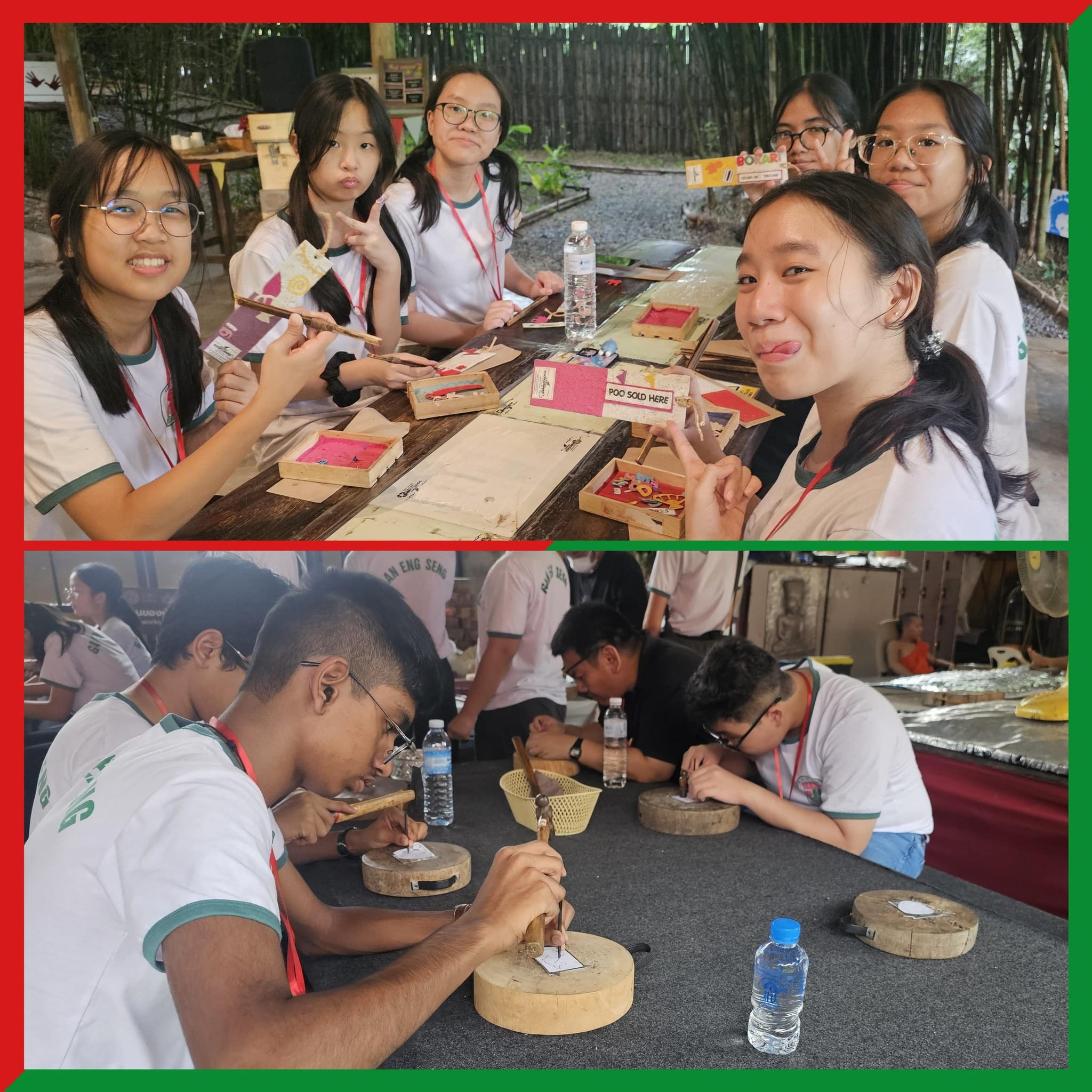 Students in white shirts do craft activities at outdoor tables, posing and carving wood during what appears to be a school trip.