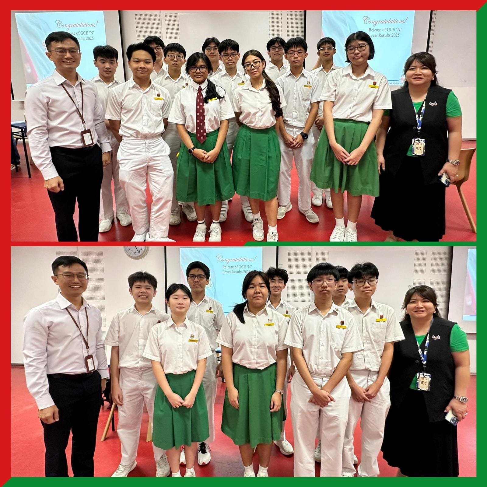Two group photos of students in white and green uniforms with teachers, in front of a GCE N Level Results 2025 banner.
