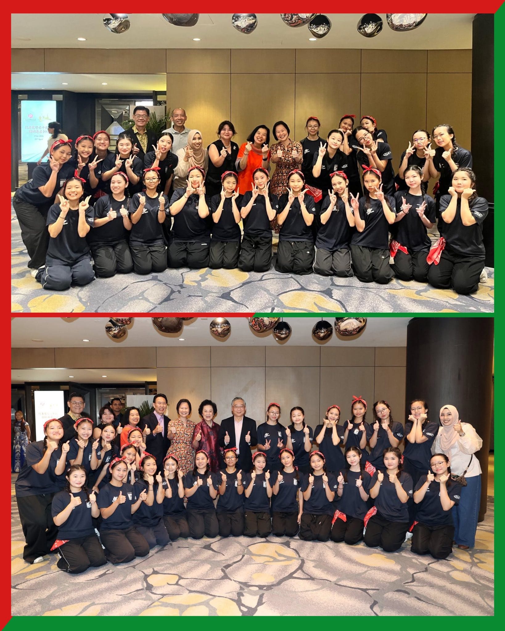 Two group photos of people in black uniforms with red headbands posing with peace signs in a hotel lobby.