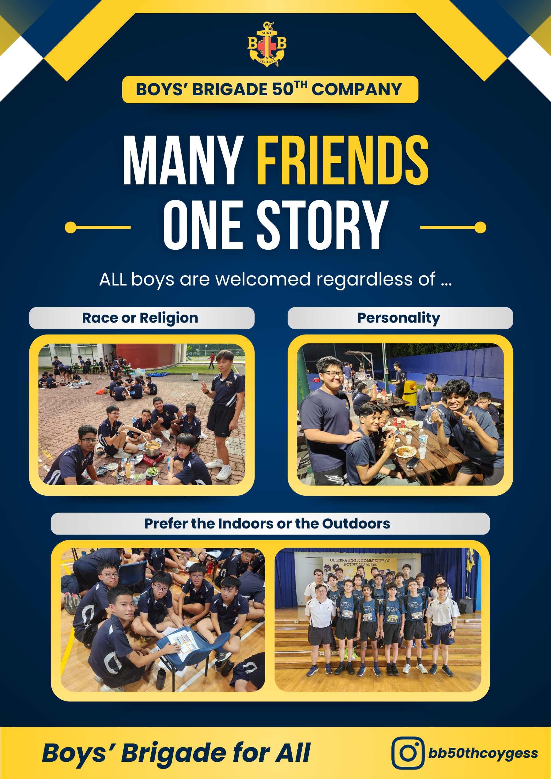 Poster: Boys' Brigade 50th Company, Many Friends One Story, with photos of boys in groups and activities.