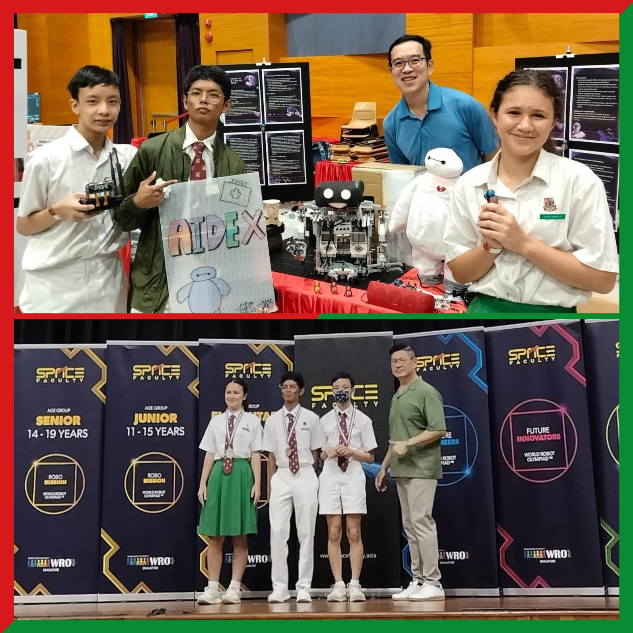 Students display an AIDEX robot project above, and receive medals at a World Robot Olympiad event below.