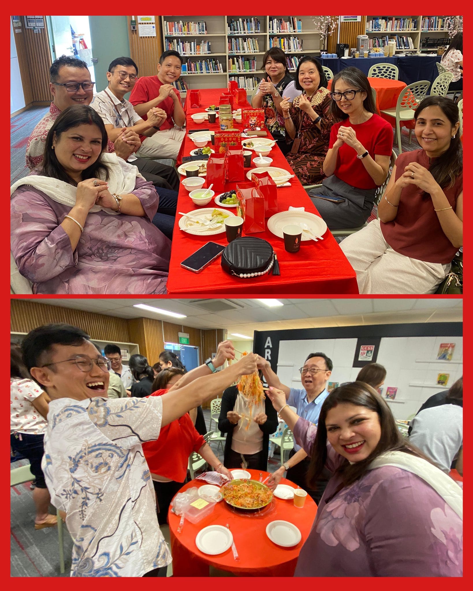Two photos of a group celebrating Chinese New Year, seated at red tables in a library, tossing yusheng salad.
