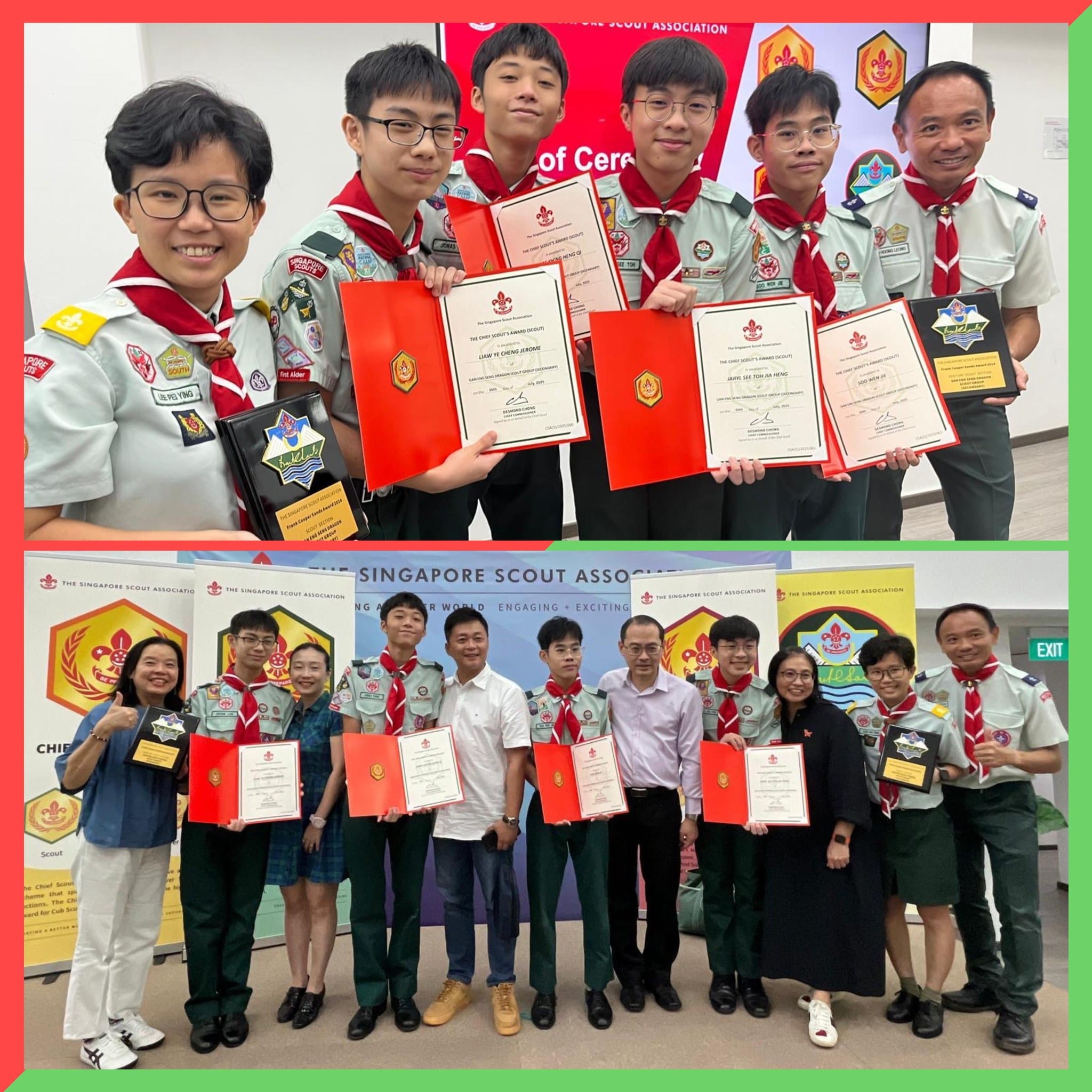 Scouts in uniform hold certificates and plaques at a Singapore Scout Association awards ceremony, posing with adults.