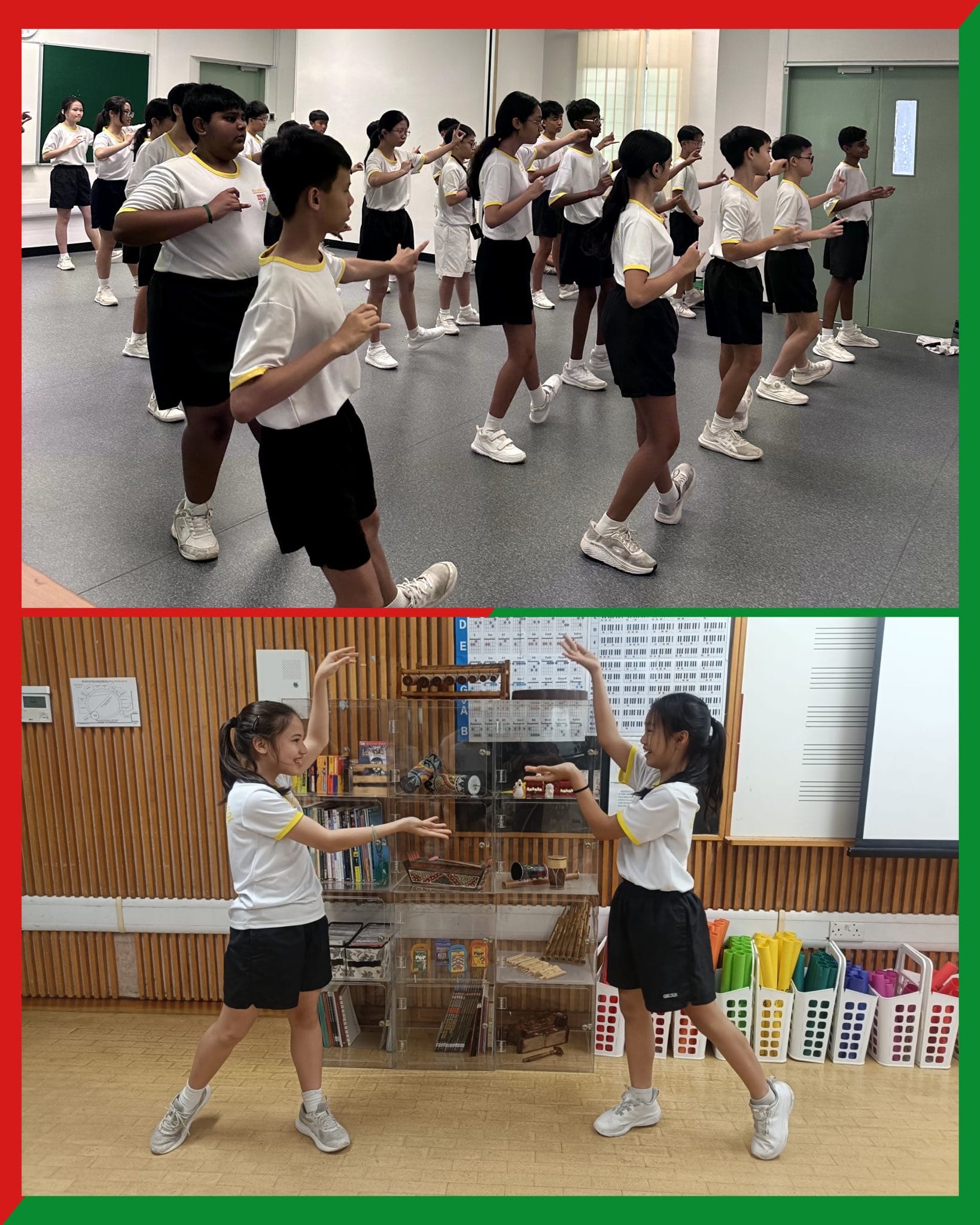 Students in white uniforms practice dance moves in a hall above, while two girls pose facing each other in a music room below.