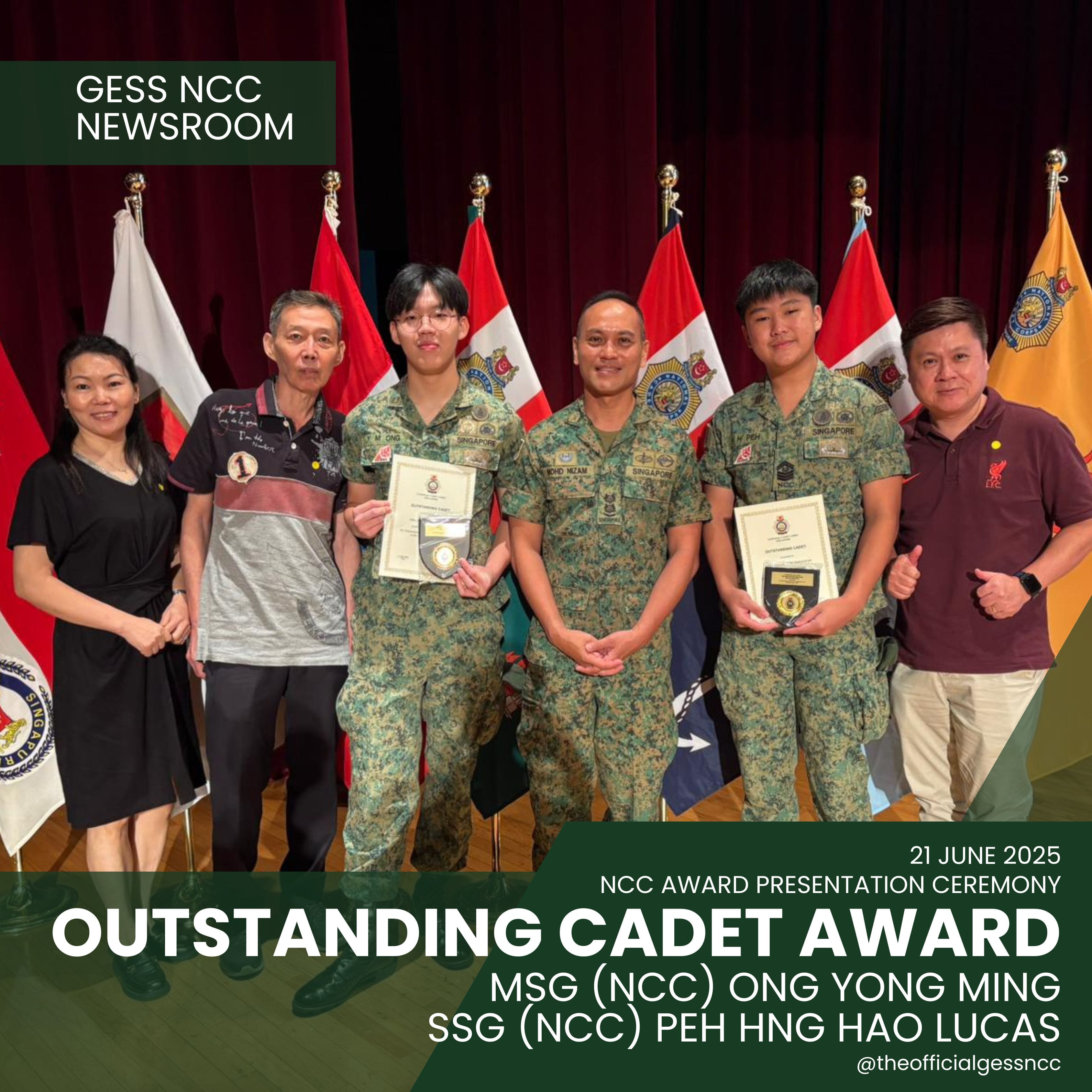Six people pose at GESS NCC Outstanding Cadet Award ceremony on 21 June 2025, two cadets holding award plaques.