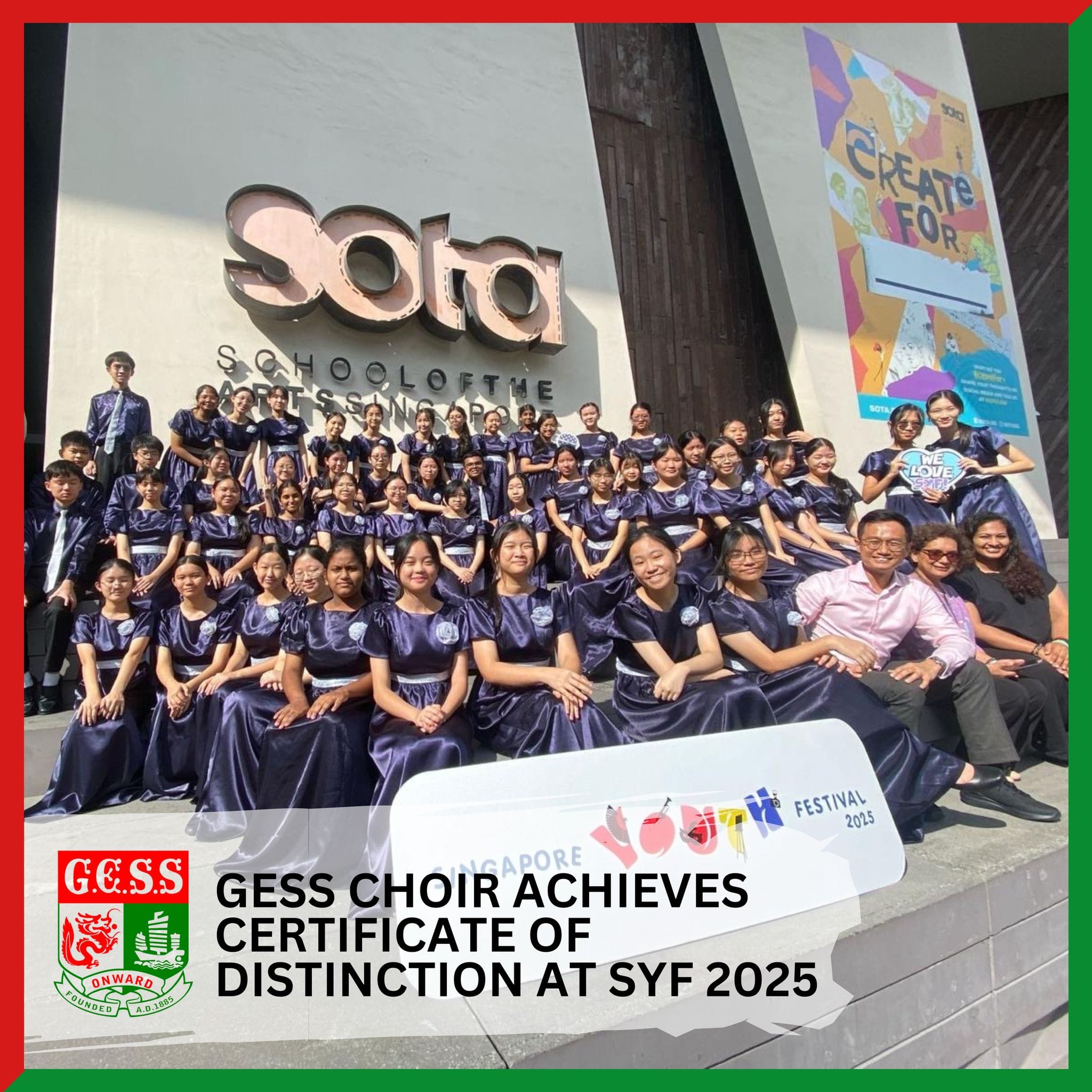 GESS choir students in navy gowns pose outside SOTA building, celebrating Certificate of Distinction at SYF 2025.