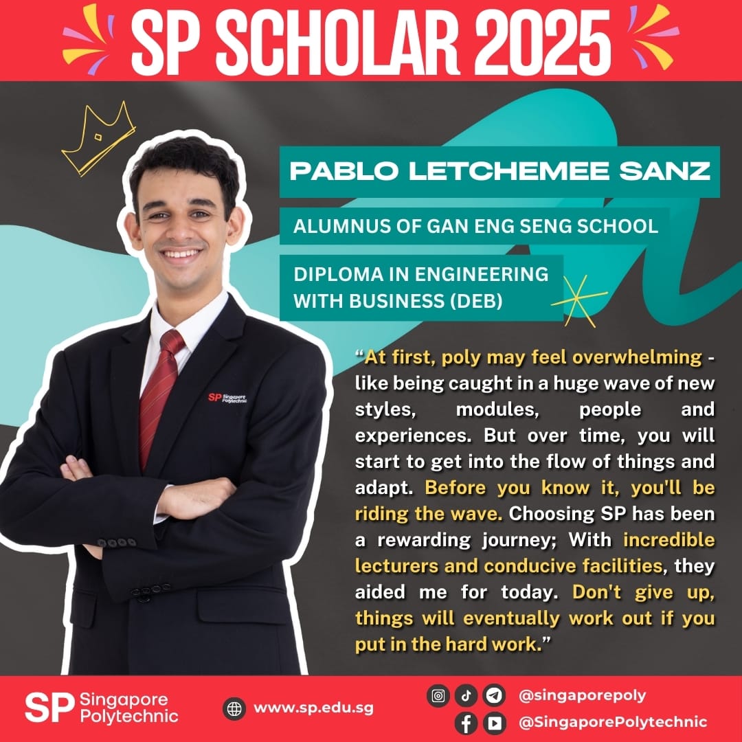 SP Scholar 2025 promotional card featuring Pablo Letchemee Sanz in a suit, smiling with arms crossed.