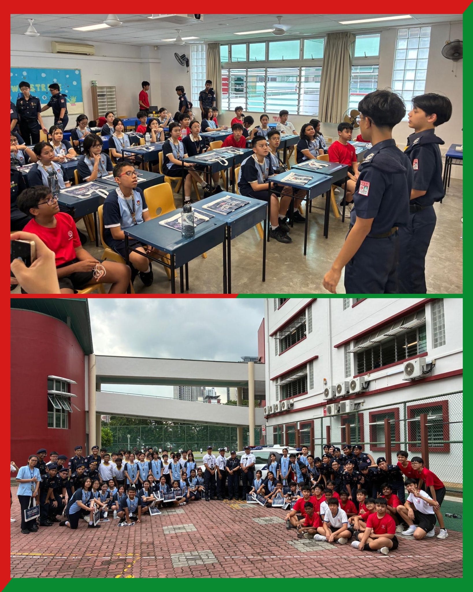 Students in uniforms attend a classroom session, then pose for a group photo outdoors near a school building.