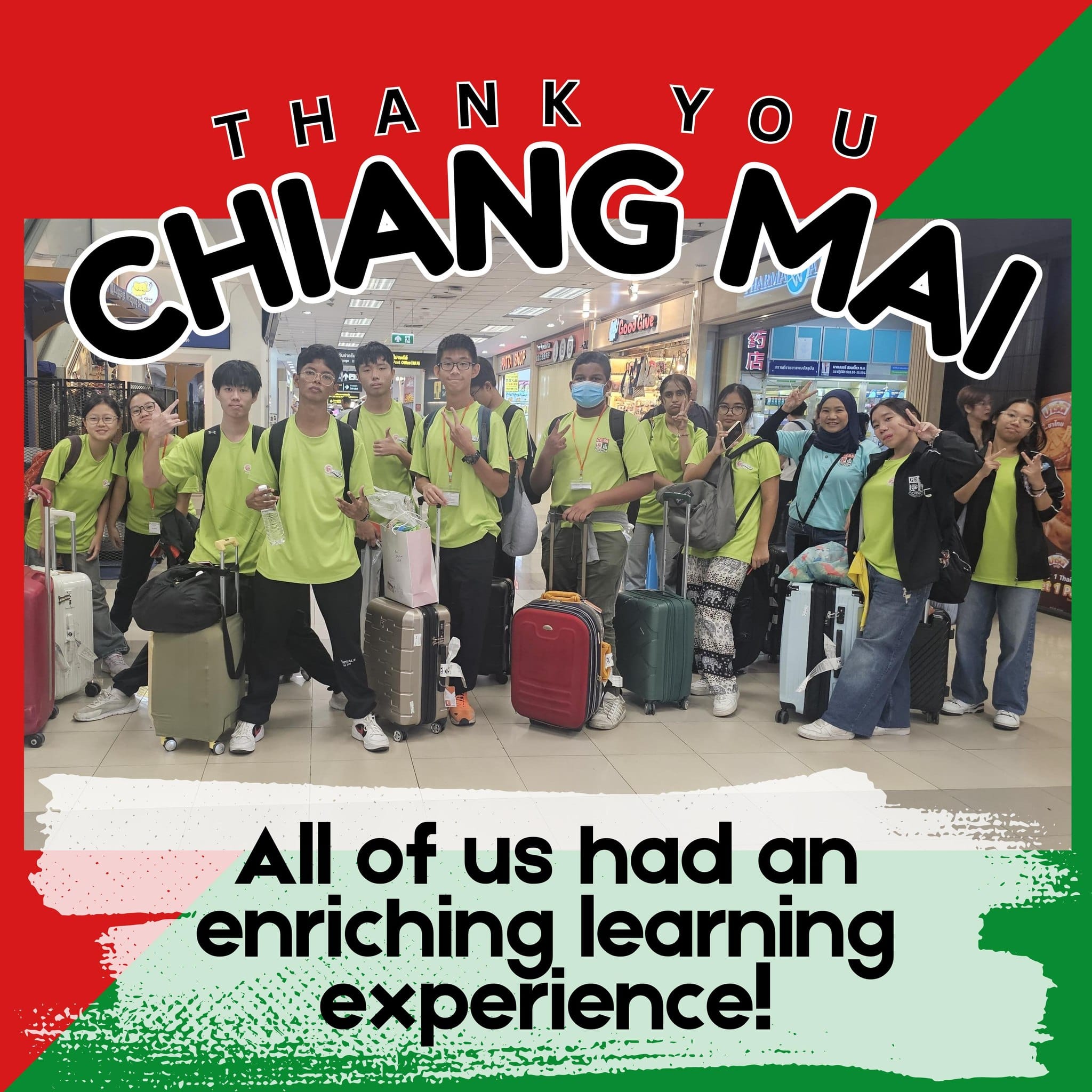 Group of students in green shirts with luggage posing at an airport, with text "Thank You Chiang Mai" above.