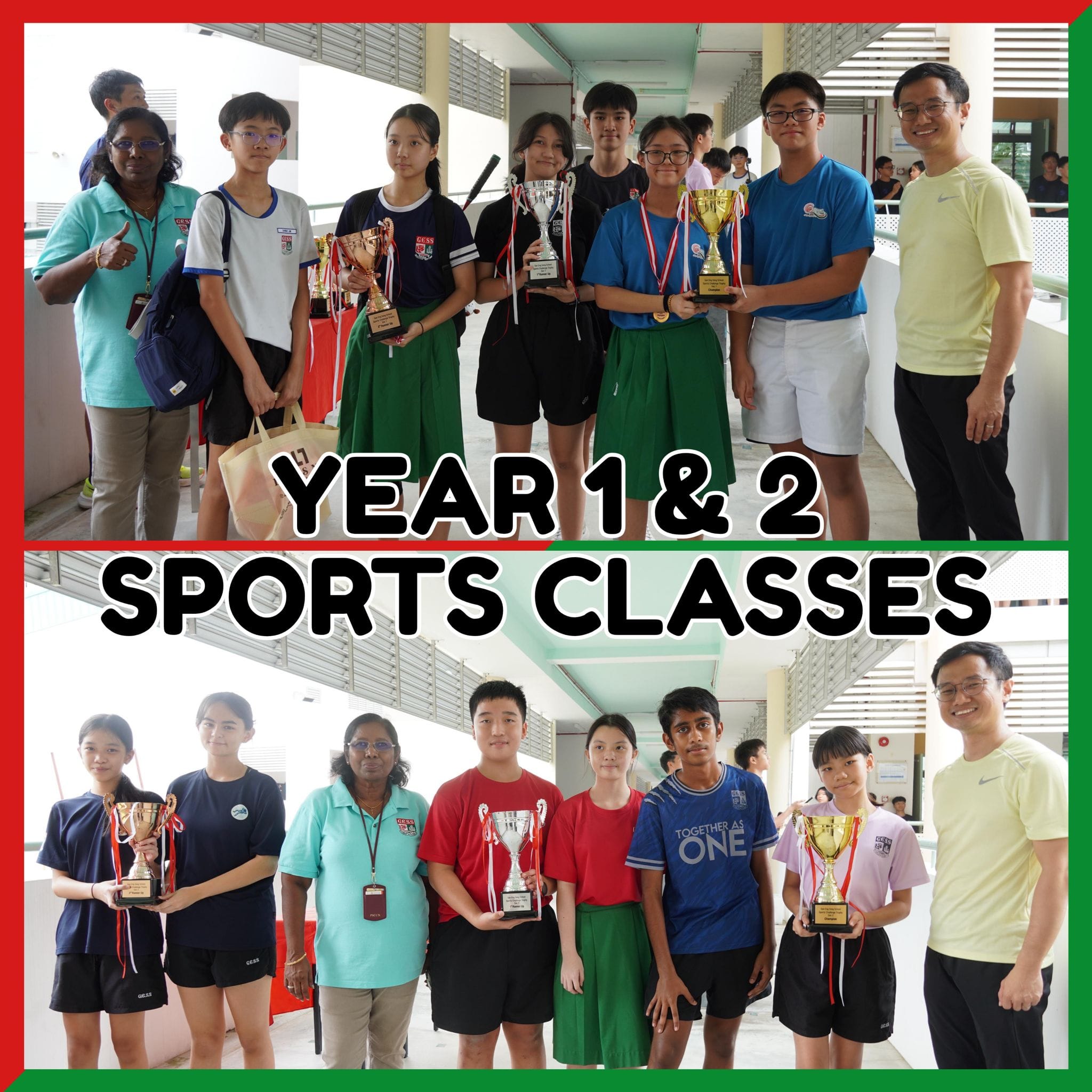 Students and teachers pose with trophies at a Year 1 and 2 Sports Classes award ceremony.