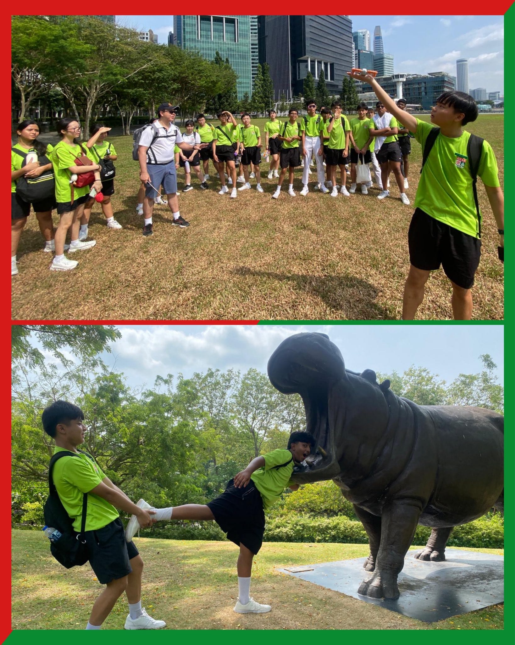 Students in green shirts gather outdoors near city buildings; two boys pose playfully with a large hippo sculpture in a park.