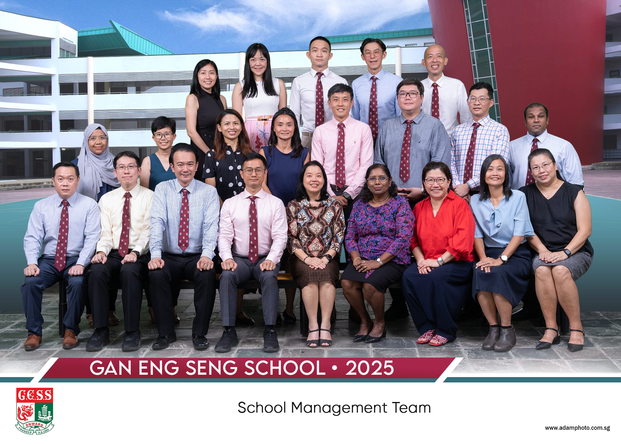Group photo of Gan Eng Seng School Management Team 2025, about 20 adults posing in rows outdoors.