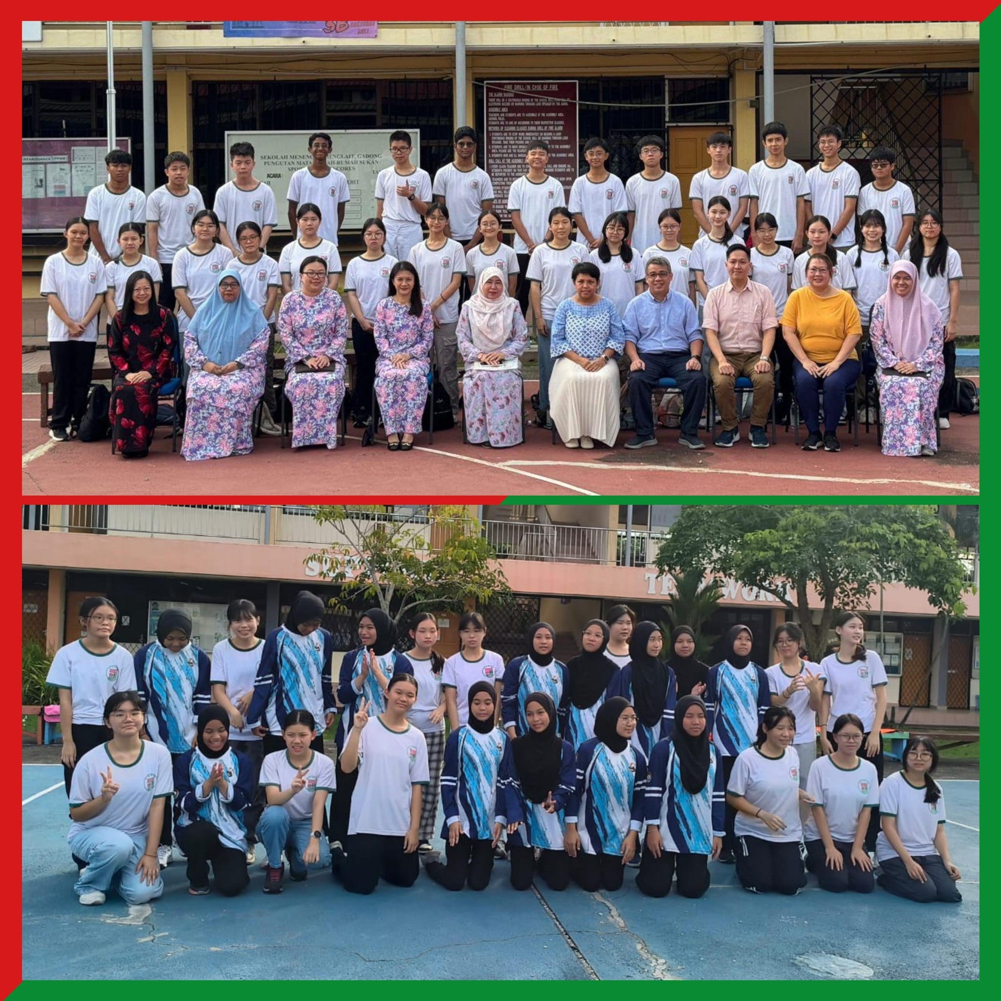 Two school group photos: top shows students and teachers in white uniforms seated and standing outdoors; bottom shows a student group posing on a court.