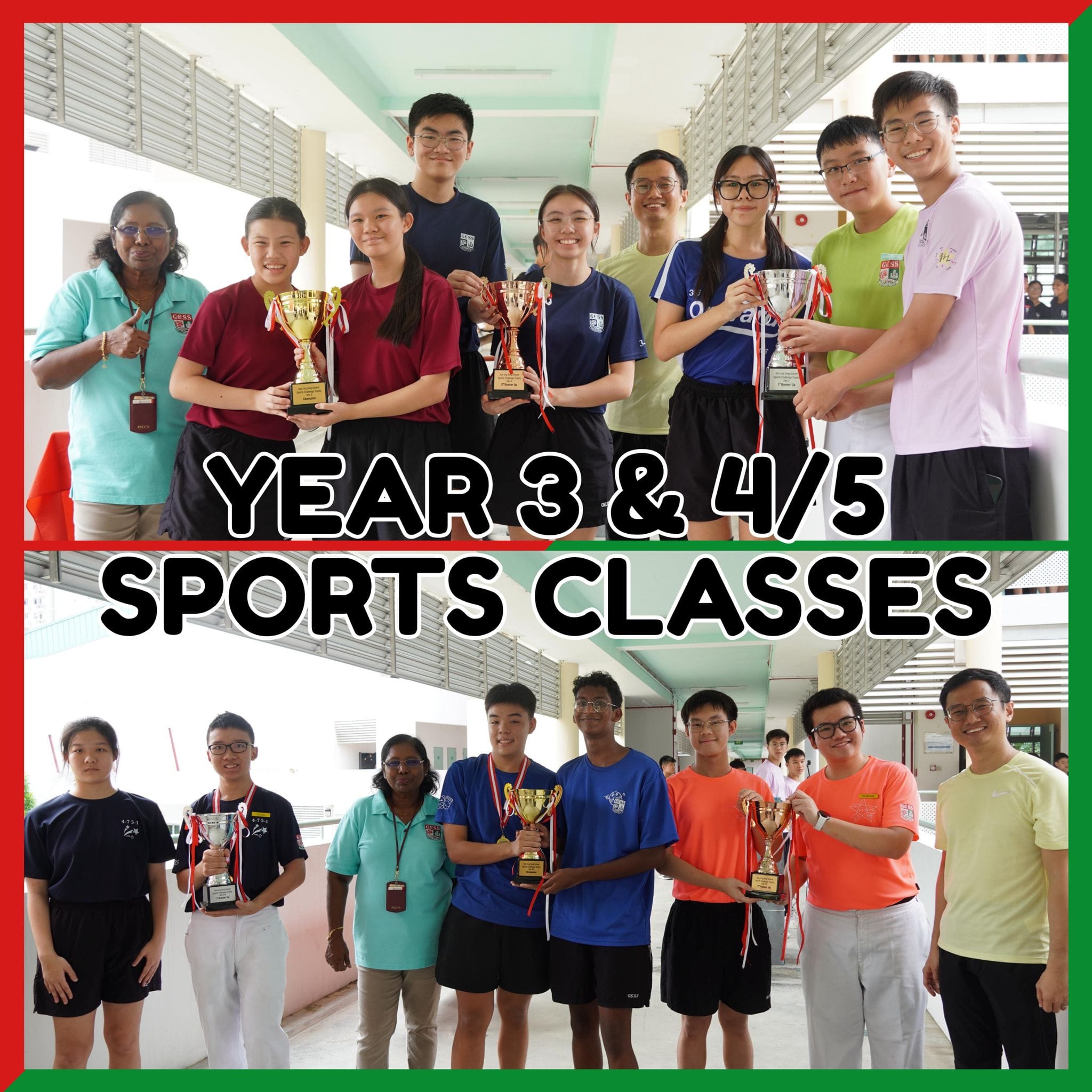 Two groups of students holding trophies with text reading Year 3 and 4/5 Sports Classes overlaid between the photos.