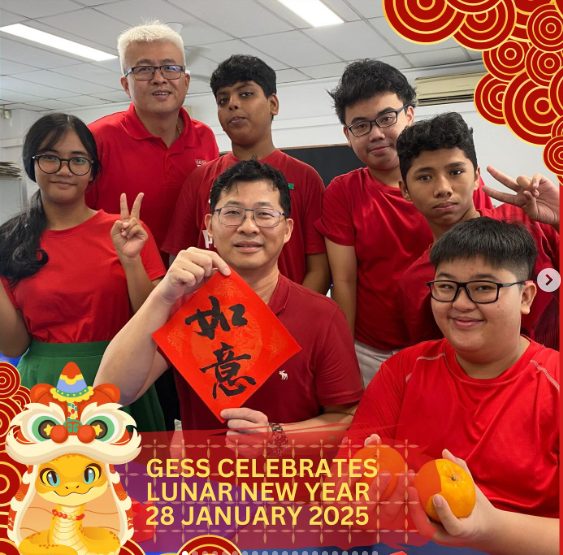 Group of students and teachers in red shirts celebrating Lunar New Year on 28 January 2025 at GESS.