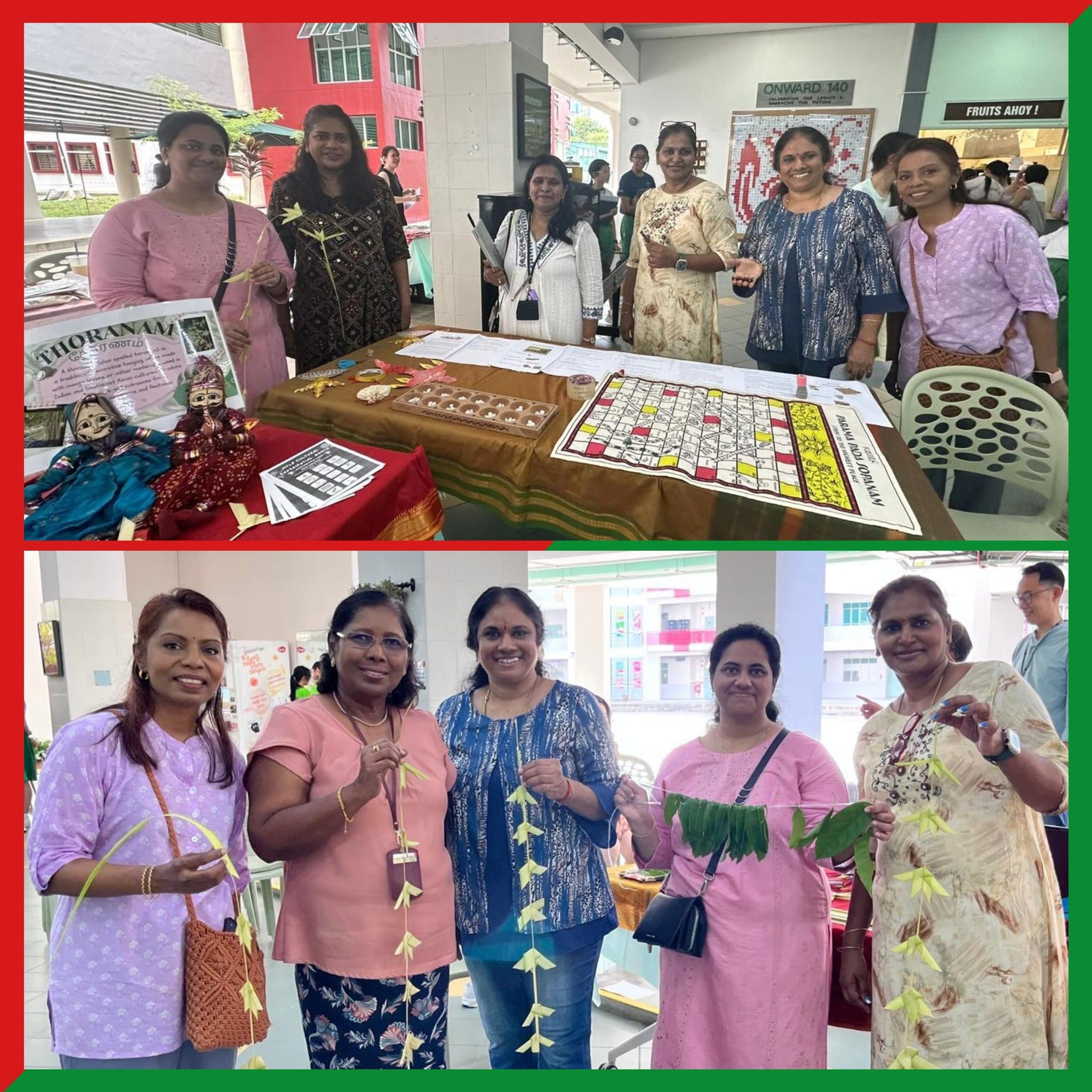 Two groups of women at a cultural event booth displaying a Thoranam sign, leaf garlands, and a board game.