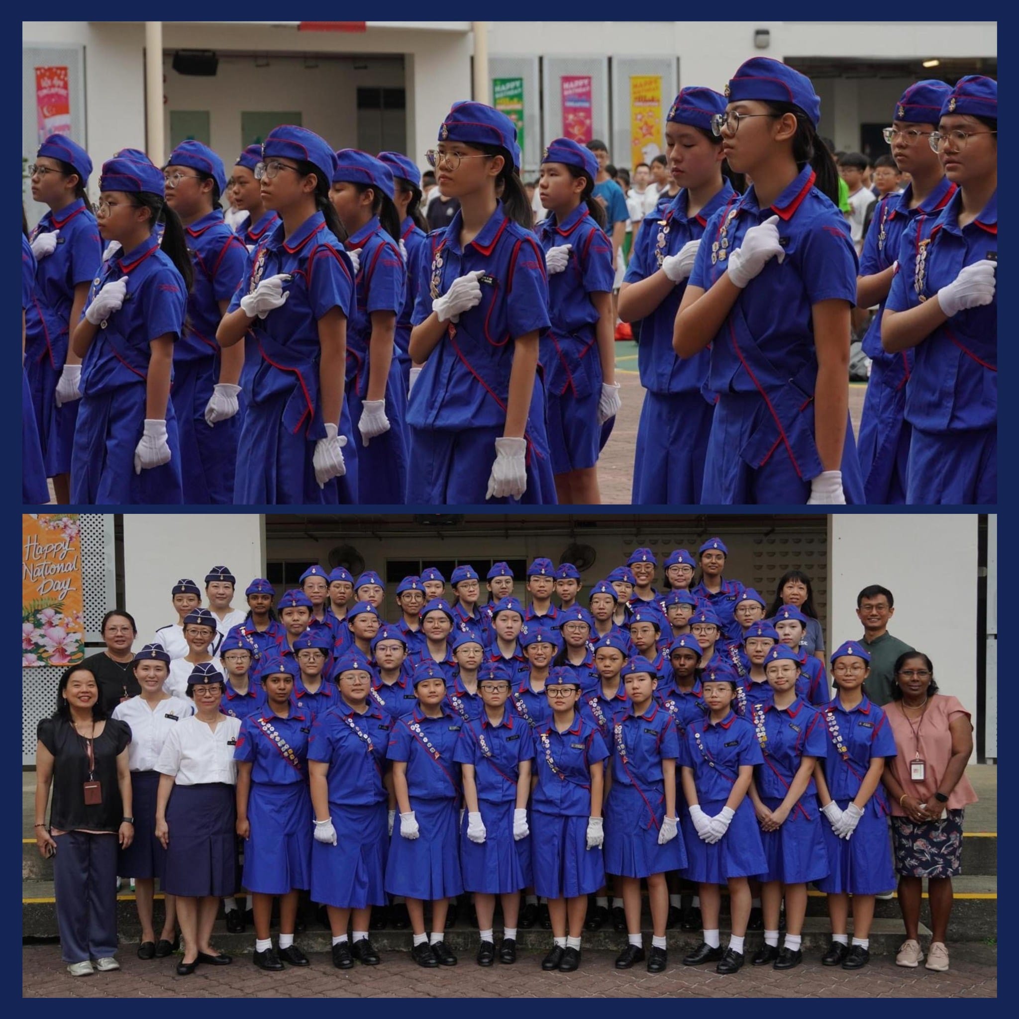 Students in blue uniforms with red trim and white gloves march and pose for a group photo at a National Day event.