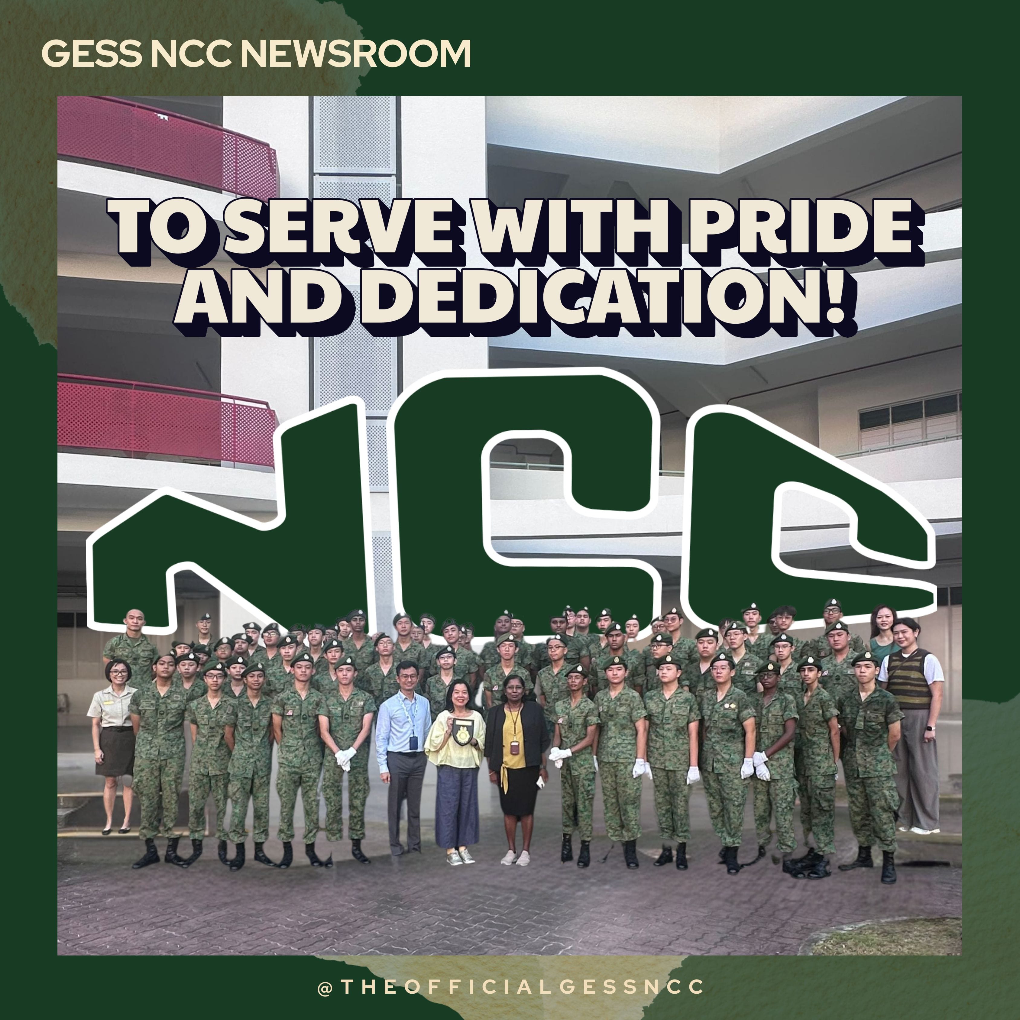 Large group of GESS NCC cadets in camouflage uniforms posing outdoors with text "To Serve With Pride and Dedication!"