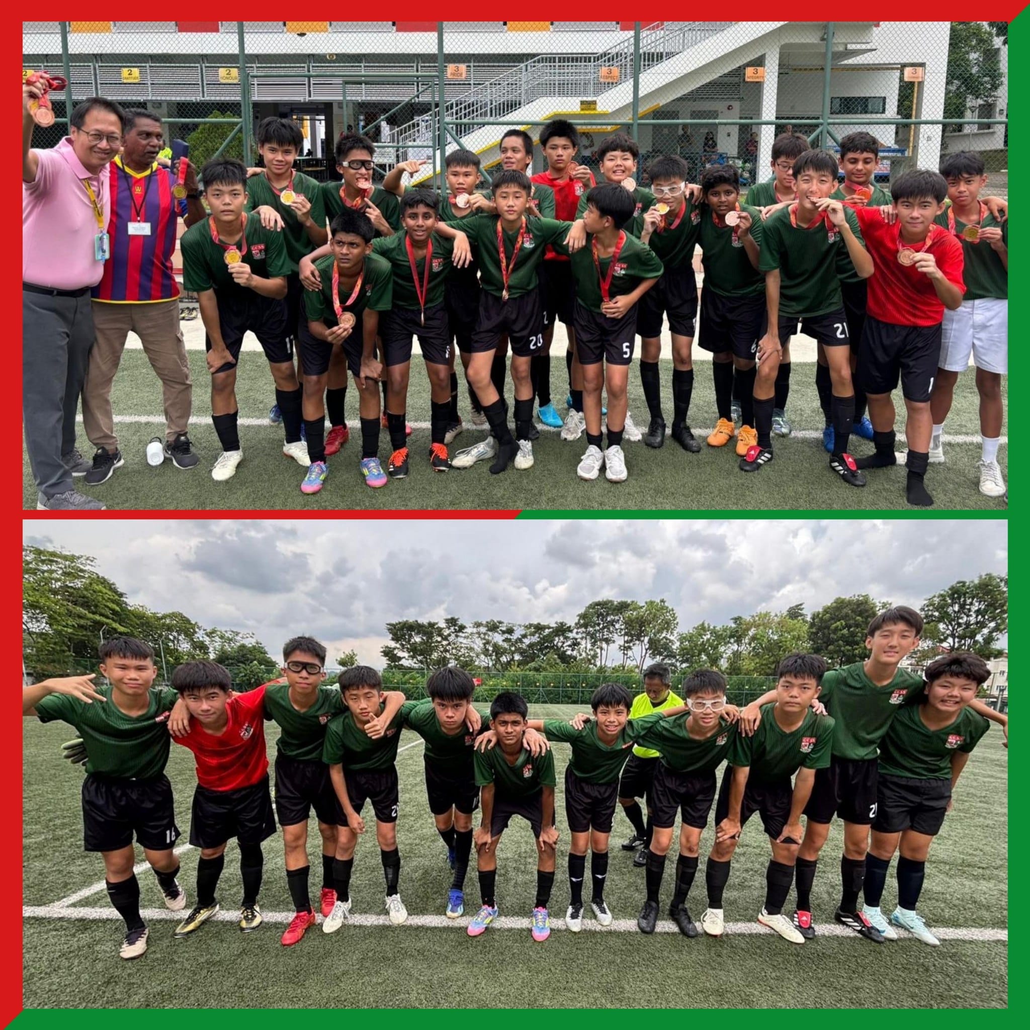 Two youth football teams in green and black uniforms pose on a field, with the top group holding medals.