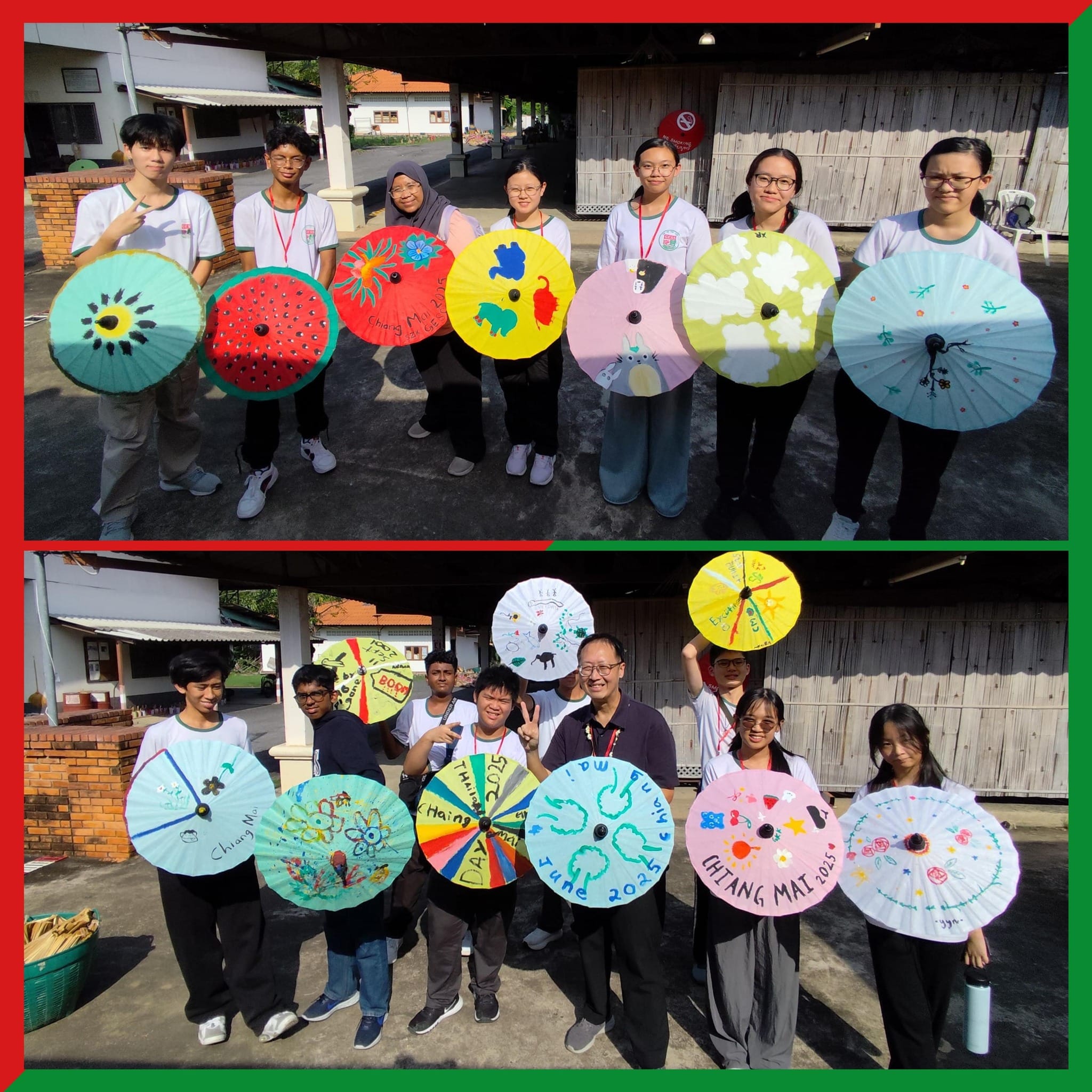Two groups of students outdoors holding colorful hand-painted paper parasols with designs, labeled Chiang Mai 2025.