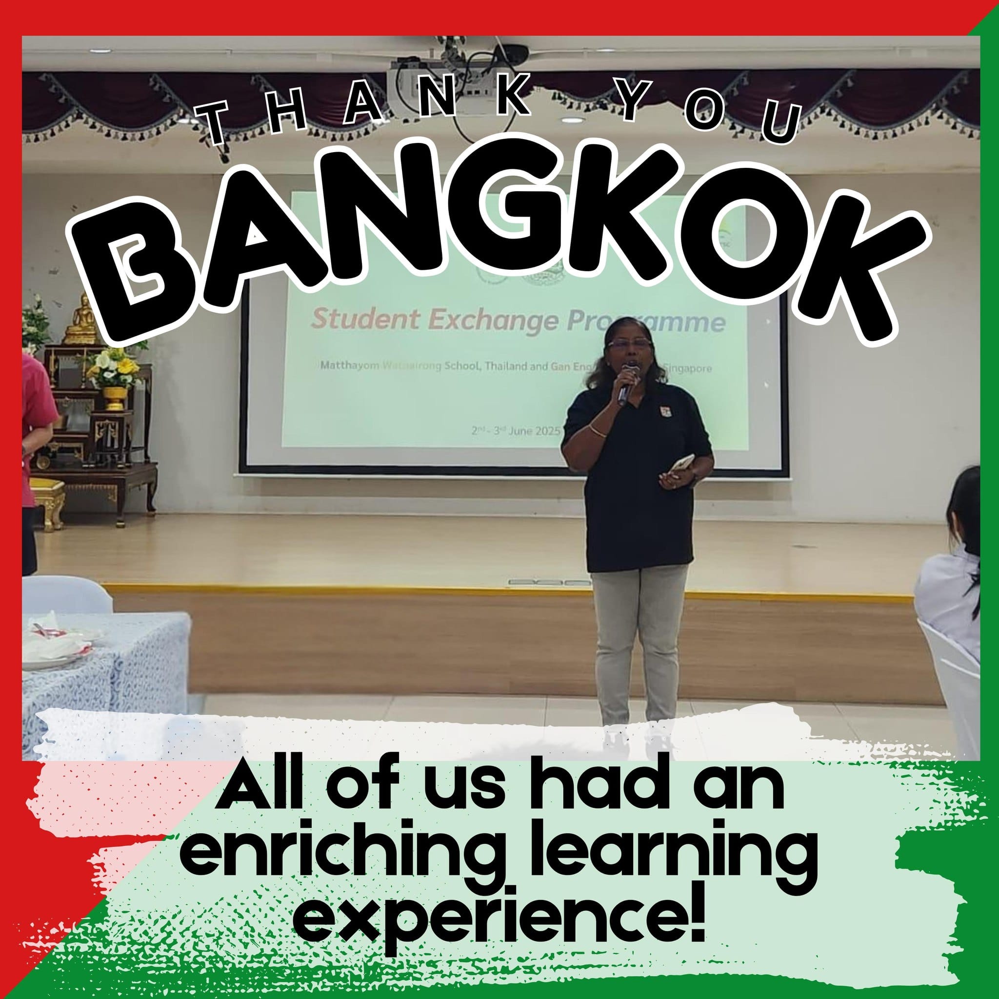 A person speaks into a microphone before a Student Exchange Programme screen, with text reading Thank You Bangkok.