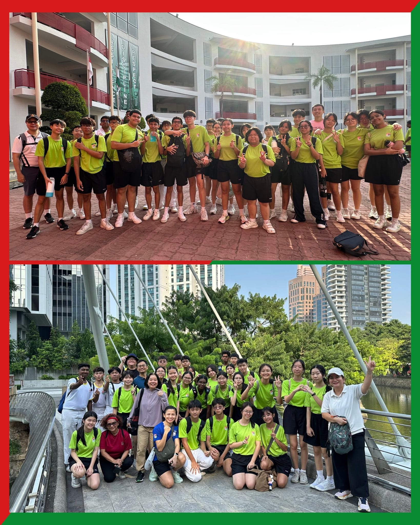 Two group photos of students in yellow-green shirts, one at a school courtyard and one on a bridge near city buildings.