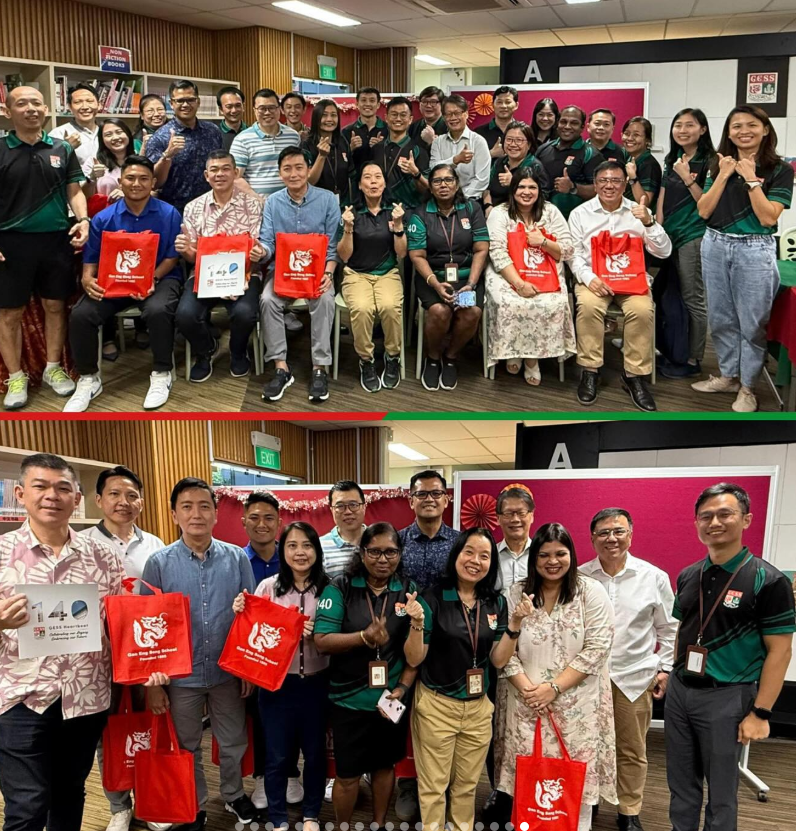Two group photos of adults posing indoors, many holding red tote bags and giving thumbs up.