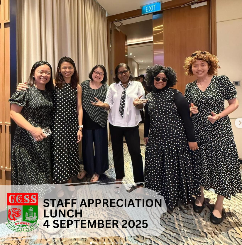 Six women pose together at a Staff Appreciation Lunch on 4 September 2025, most wearing matching black polka dot dresses.