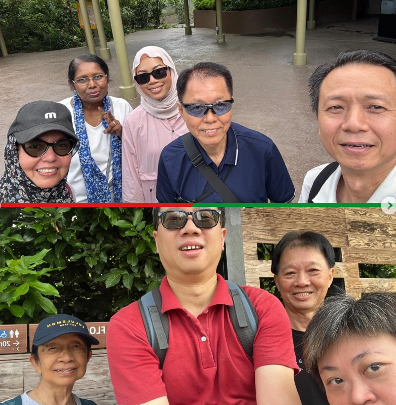 Two group selfies of adults outdoors near greenery, some wearing sunglasses and caps, smiling at the camera.