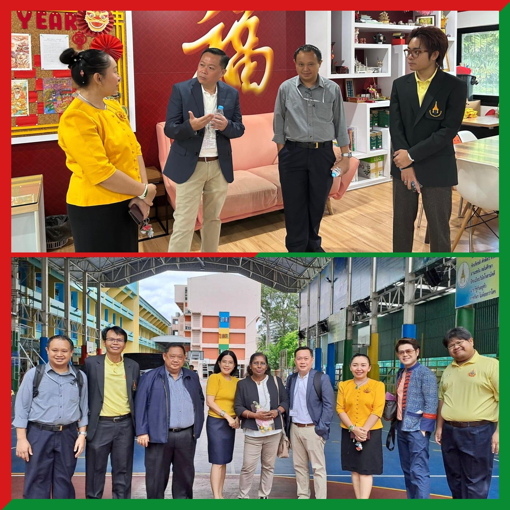 Two scenes: four people talking indoors near Chinese decor, and a group of eight adults posing outside a school.