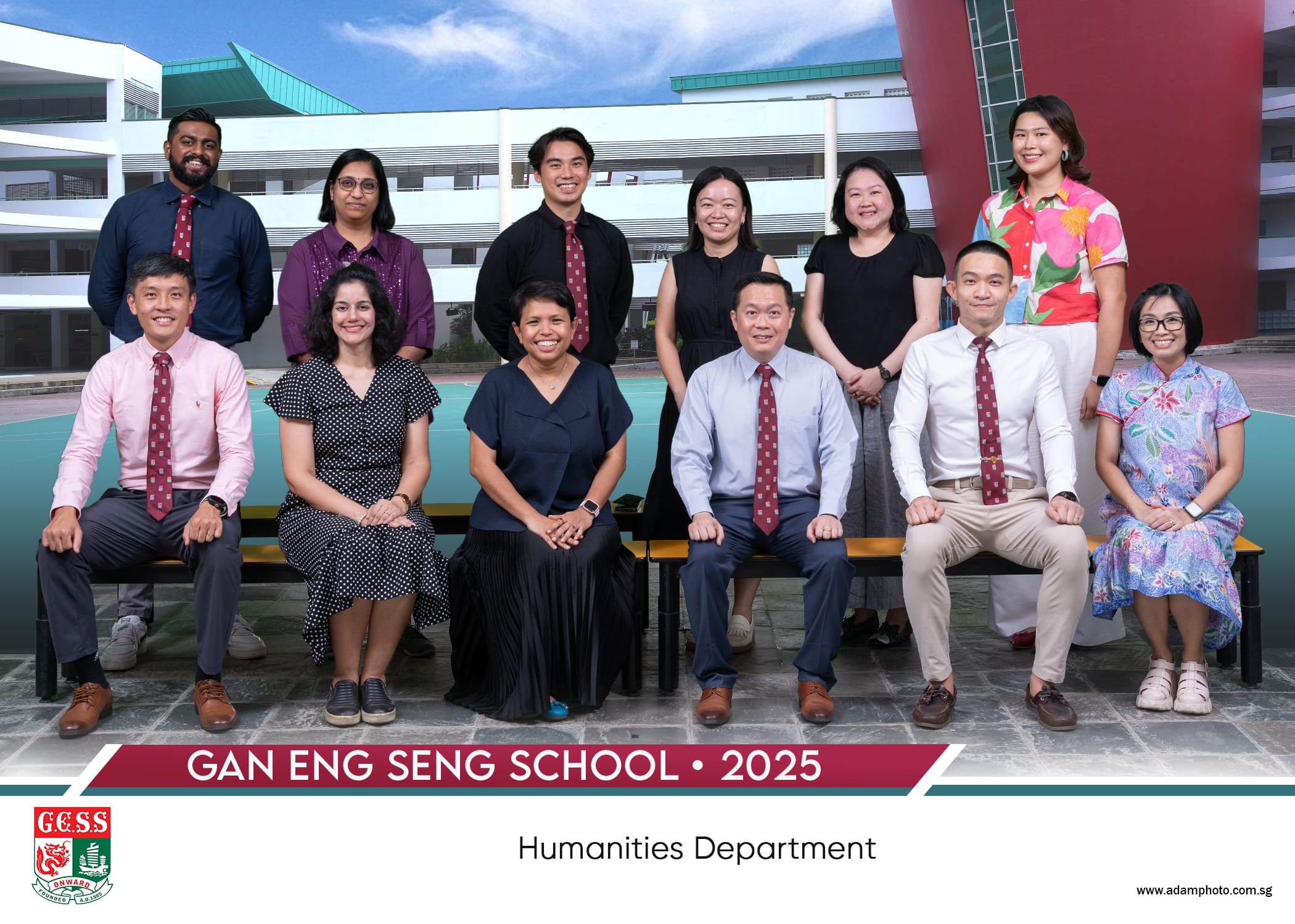 Group photo of Gan Eng Seng School Humanities Department staff, 2025, posed in two rows outdoors.