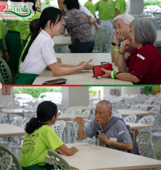 Two scenes of young students in green uniforms conversing with elderly people at tables indoors.