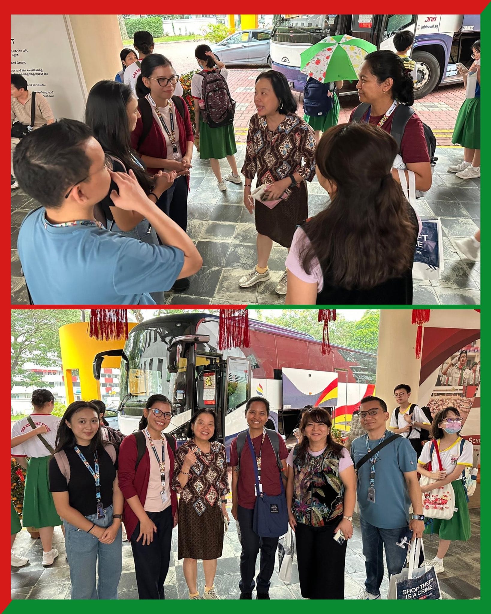 Two photos show groups of adults with lanyards gathered and posing outdoors near a bus and covered walkway.