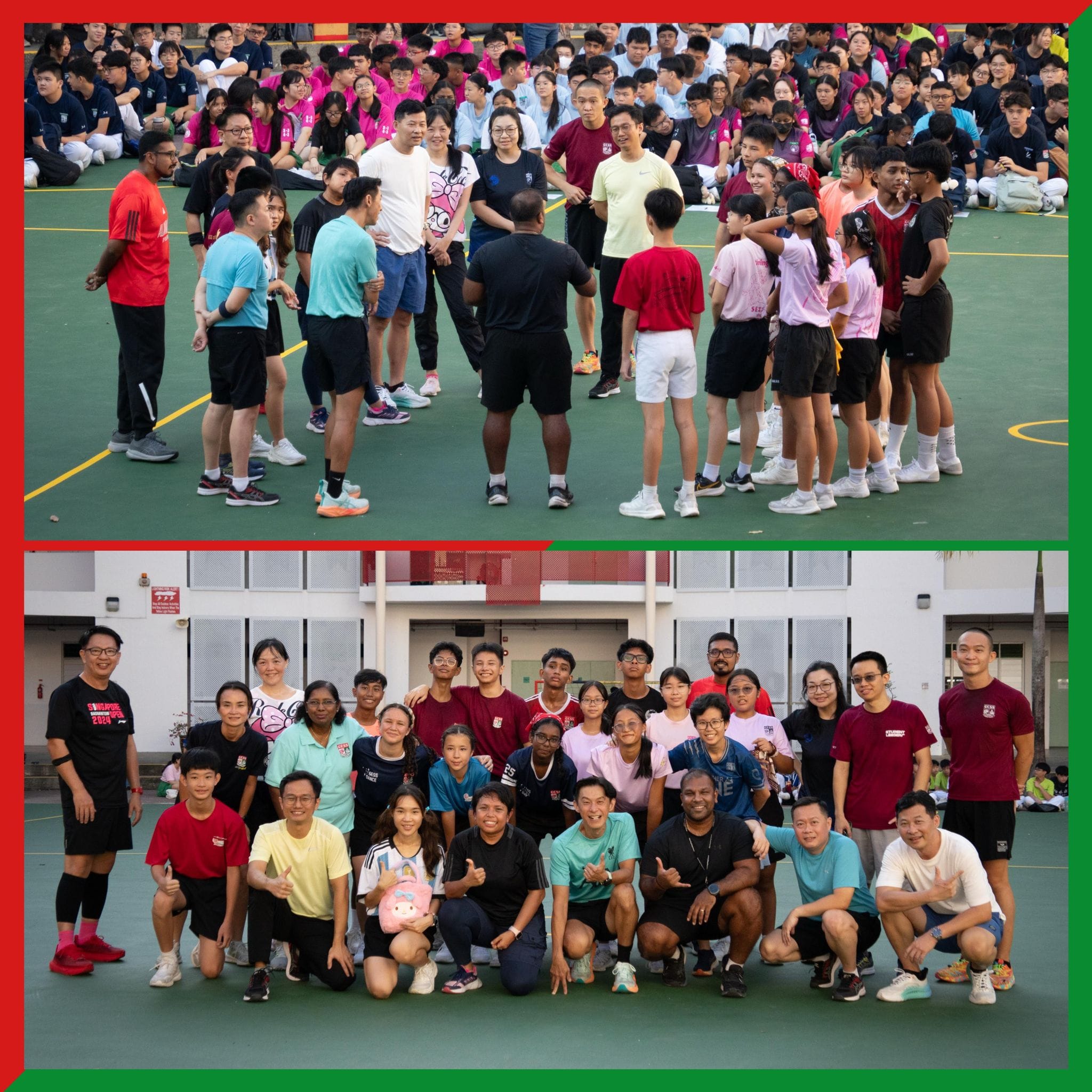 Two photos of a large school sports event: students gathered on a court above, and a group posing below.