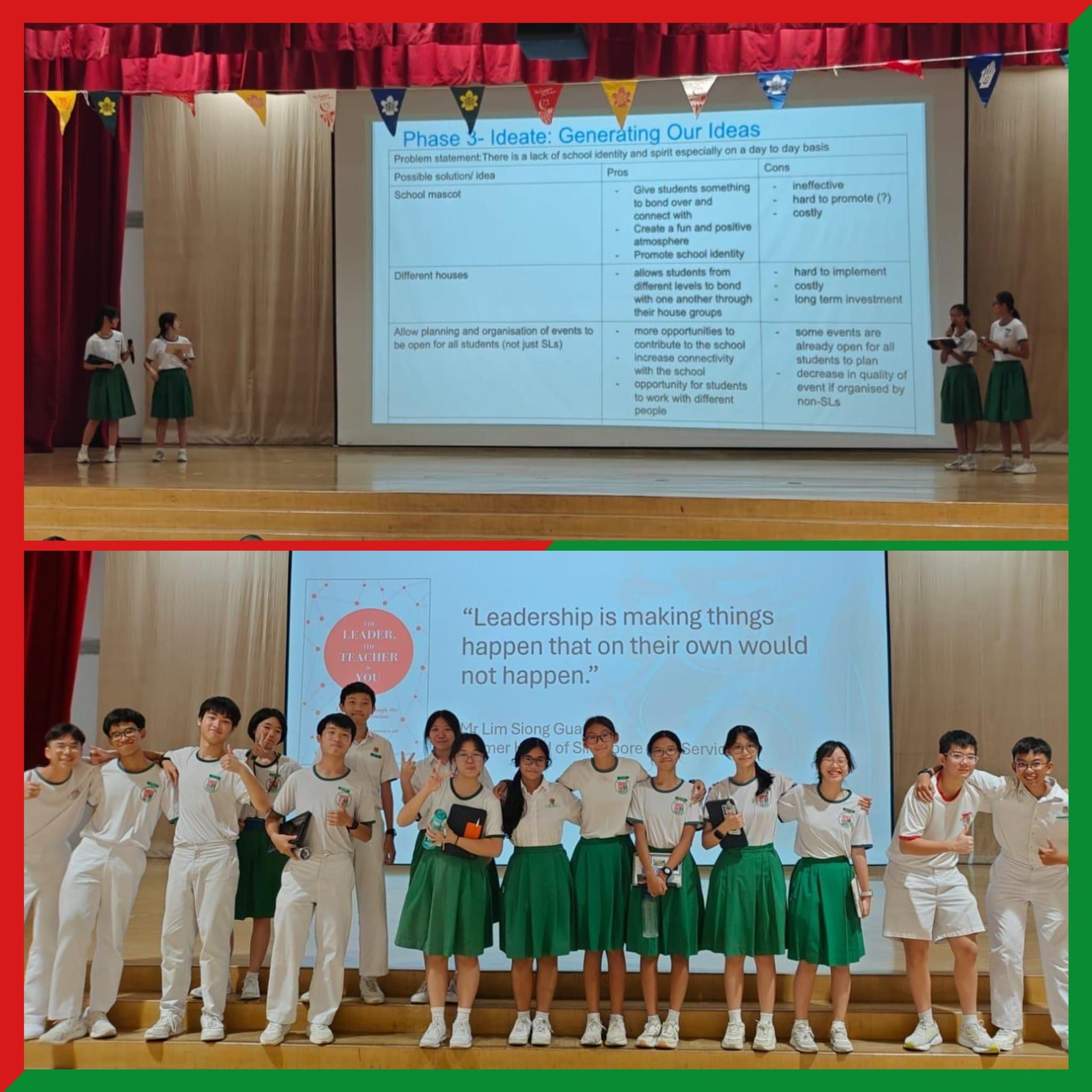 Students in white and green uniforms present on stage and pose as a group before a leadership quote slideshow.