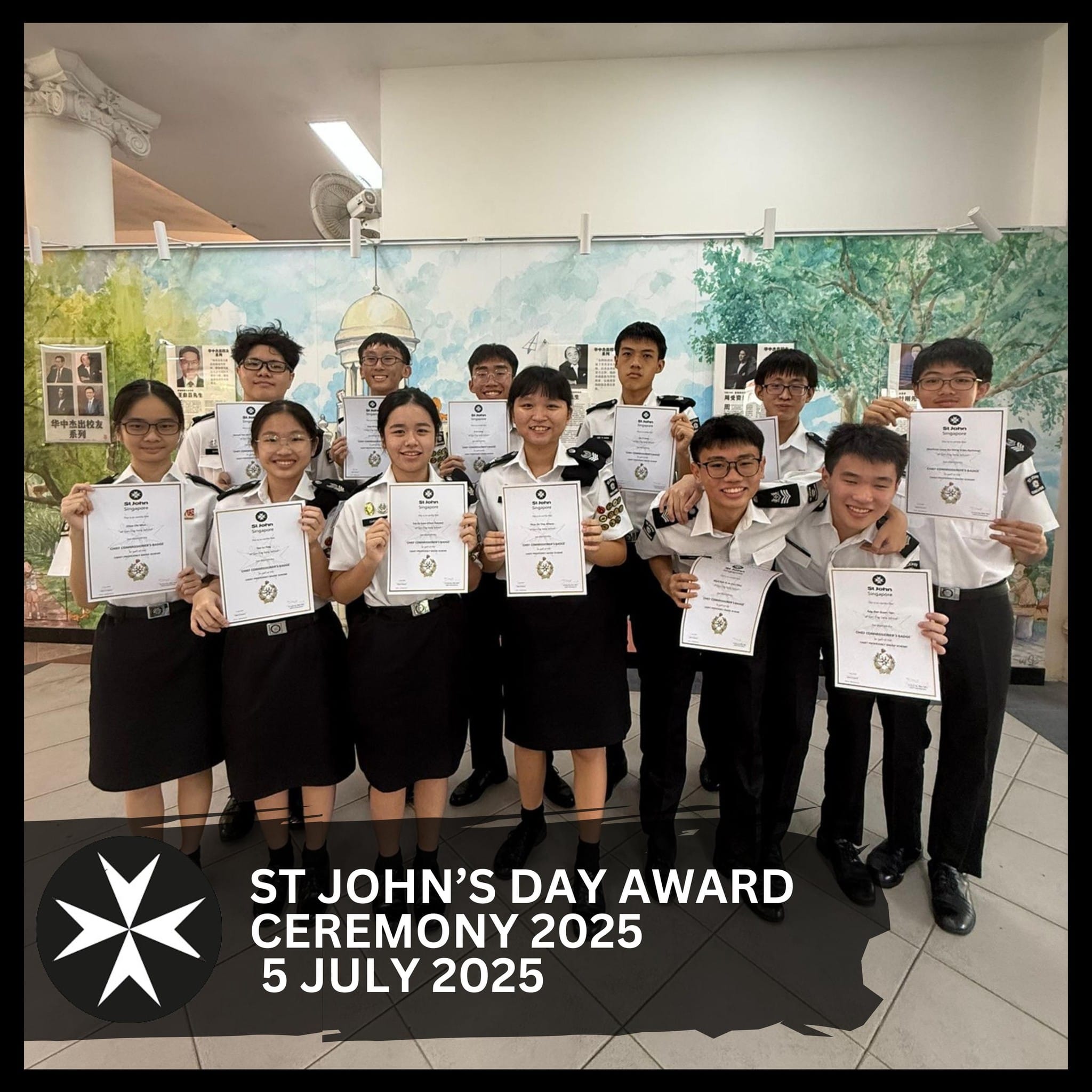A group of uniformed students holding certificates at St John's Day Award Ceremony 2025 on 5 July 2025.
