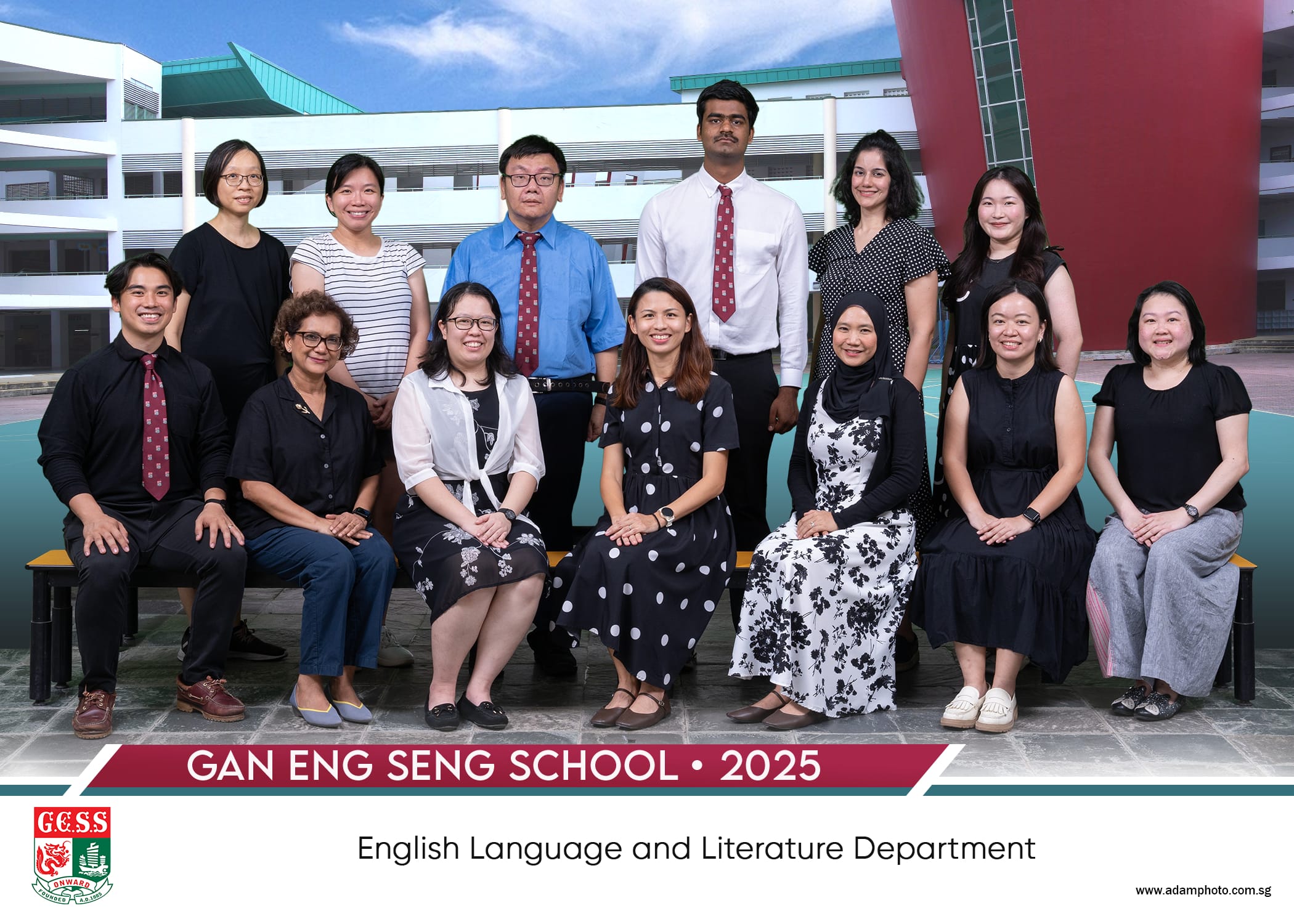 Group photo of Gan Eng Seng School's English Language and Literature Department staff, 2025, posing outdoors.