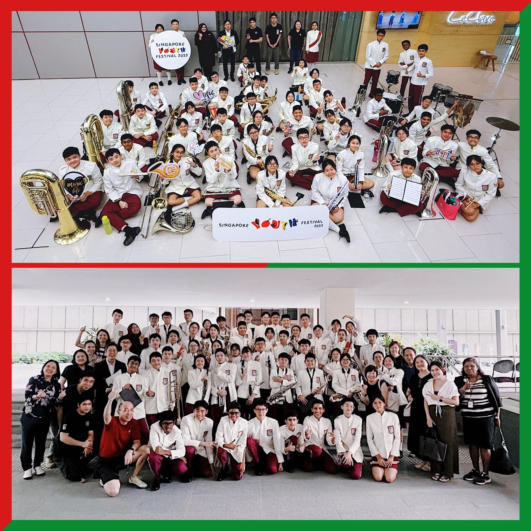 Large student band group in white uniforms posing with brass instruments at Singapore Youth Festival 2023.