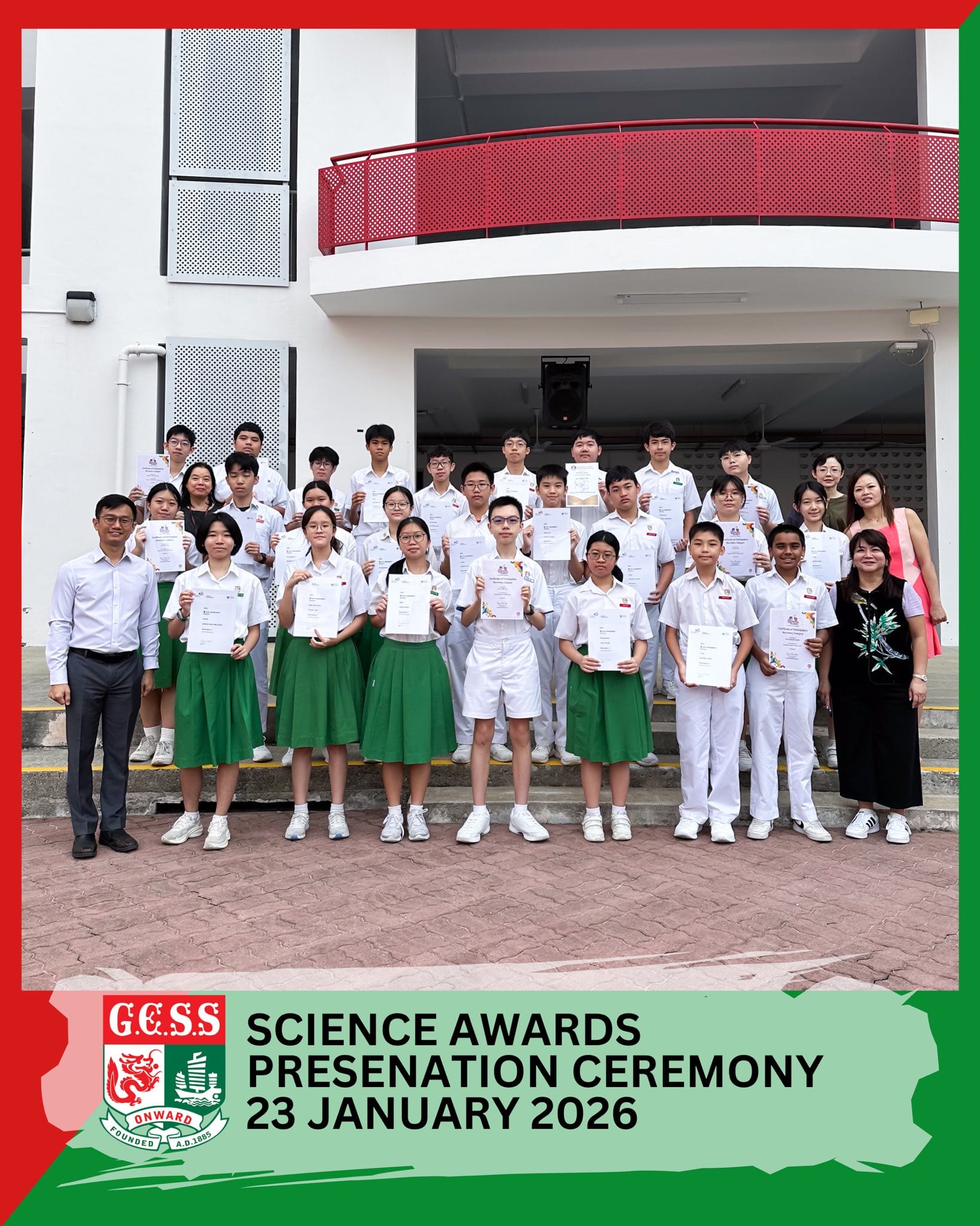 Students in white and green uniforms hold certificates at GESS Science Awards Presentation Ceremony on 23 January 2026.