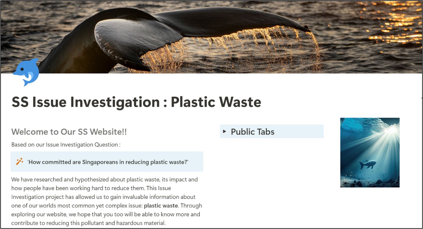 Webpage titled SS Issue Investigation: Plastic Waste, featuring a whale tail banner and underwater shark photo.