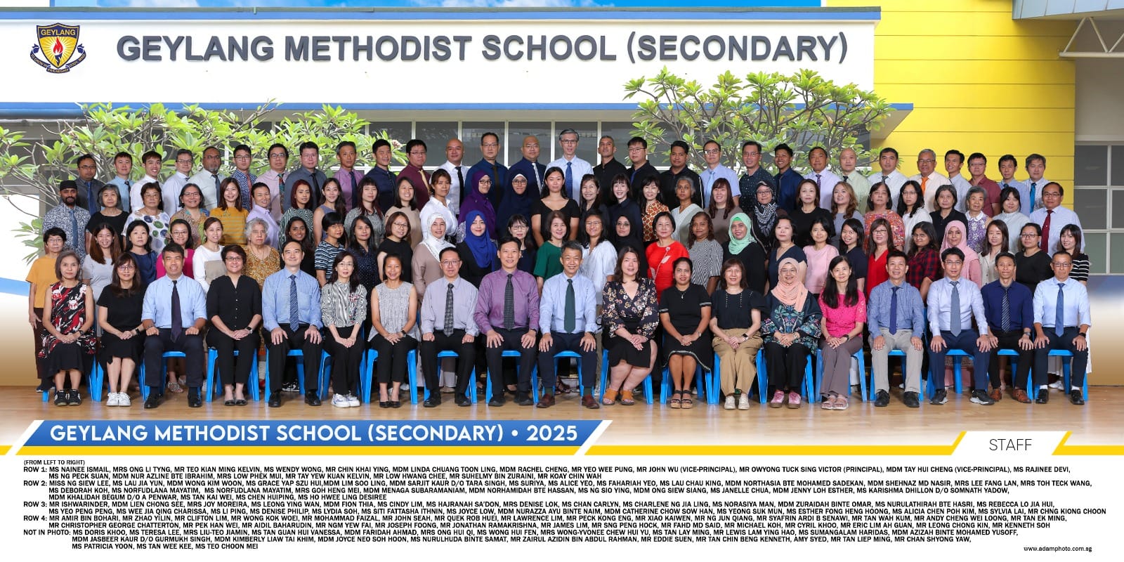 Large group staff photo of Geylang Methodist School Secondary 2025, showing rows of teachers posing indoors.